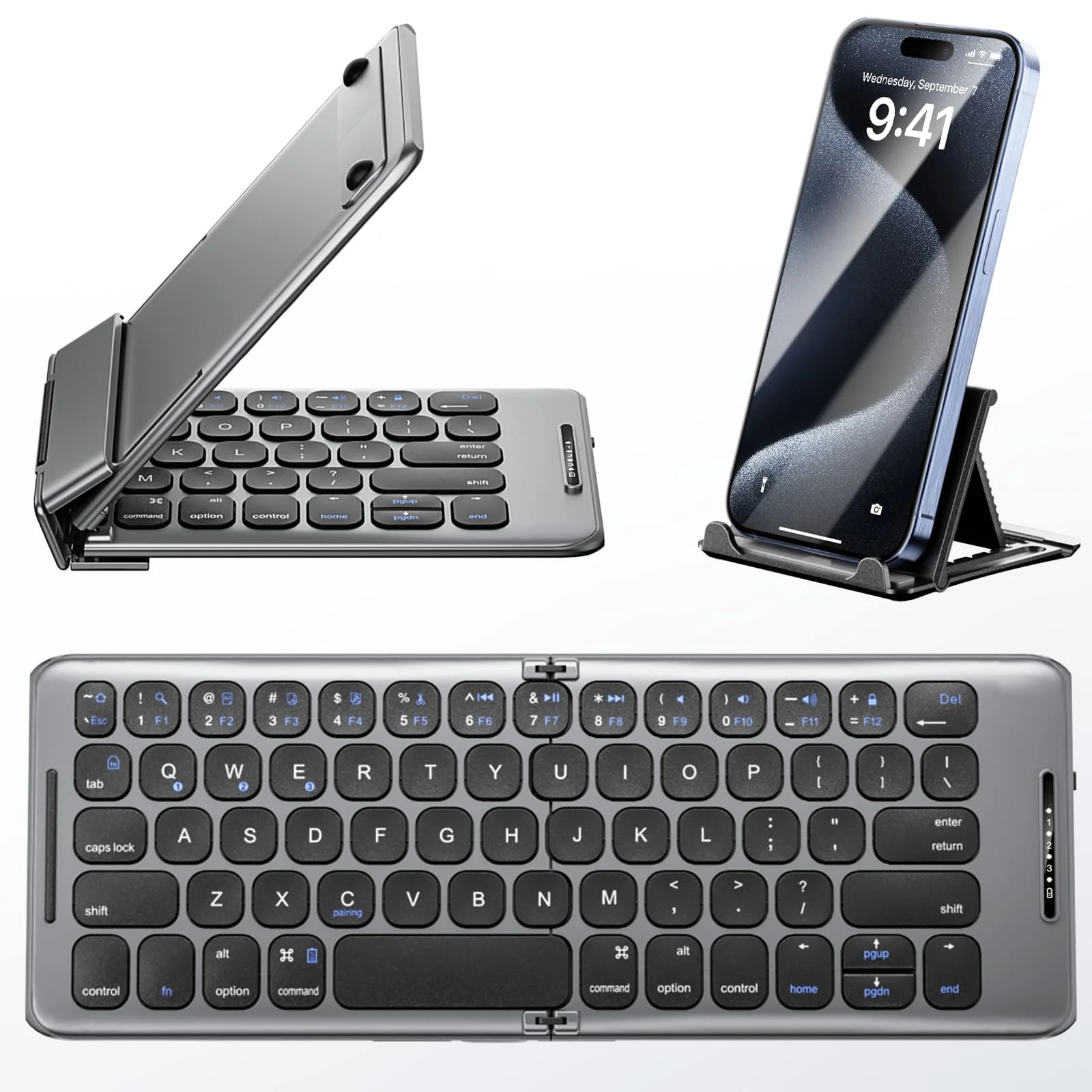 Foldable Bluetooth Keyboard with Stand Holder, Folding Keyboard Bluetooth Phone Keyboard, Rechargeable Ultra Slim Bluetooth Travel Keyboard for iOS, Android, Fit Phone Pad Tablet Laptop, B088
