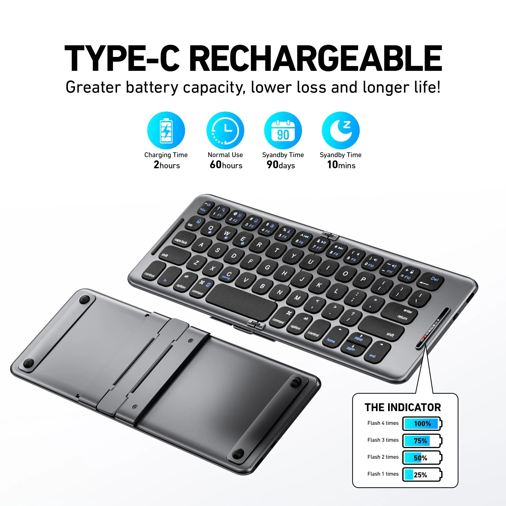 Foldable Bluetooth Keyboard with Stand Holder, Folding Keyboard Bluetooth Phone Keyboard, Rechargeable Ultra Slim Bluetooth Travel Keyboard for iOS, Android, Fit Phone Pad Tablet Laptop, B088 - Image 3