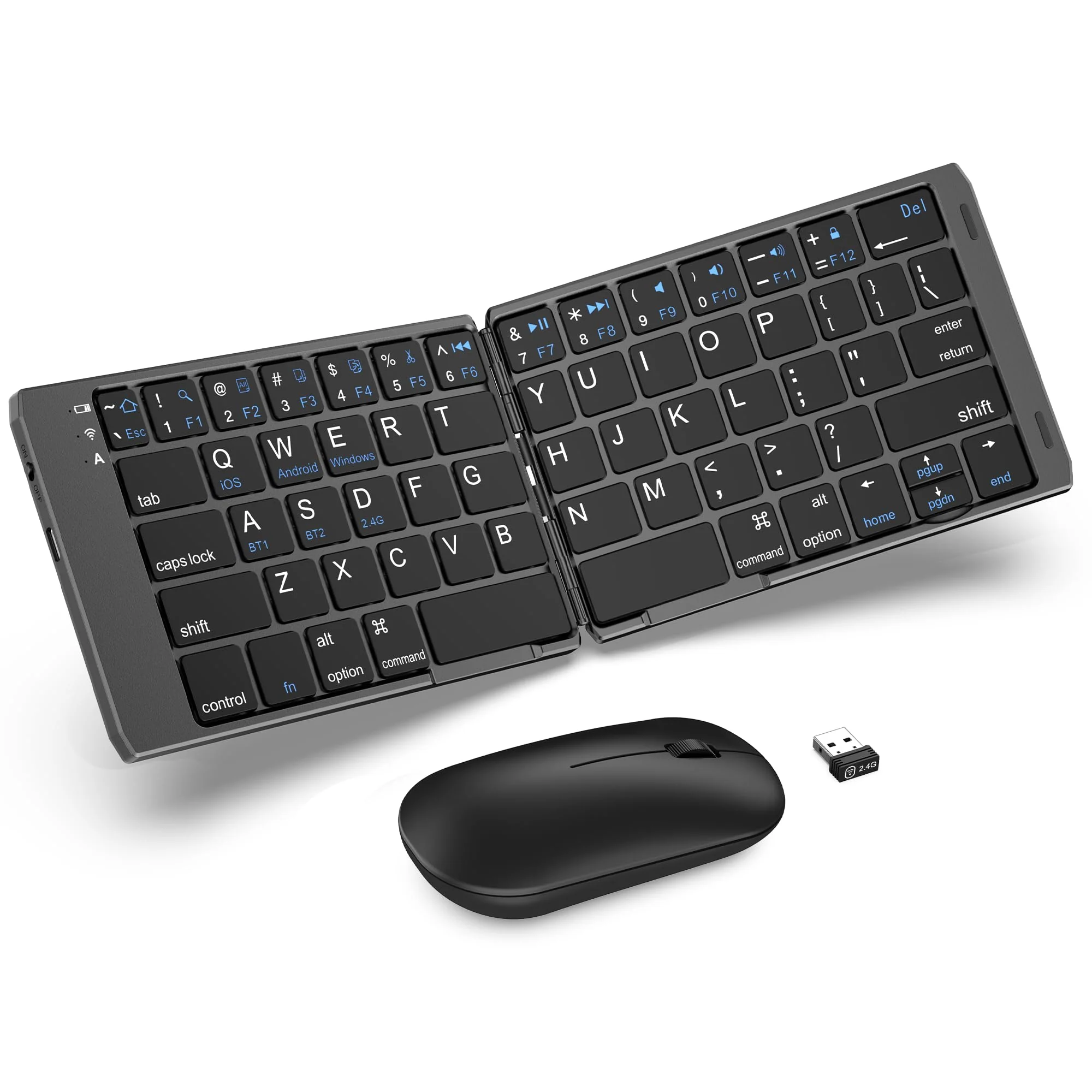 Foldable Keyboard and Mouse, EDJO Folding Wireless Keyboard Mouse Combo with Phone Holder, 2.4G Wireless and Bluetooth, USB-C Rechargeable Portable Keyboard Mouse for iOS Android Windows Mac OS