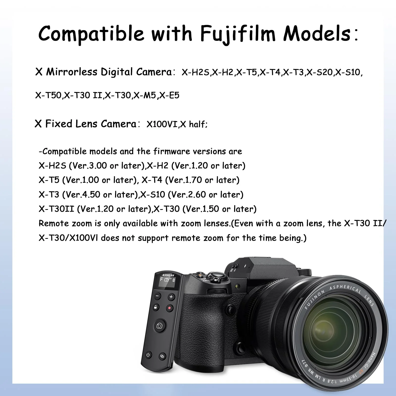 for Fujifilm Camera Rechargeable Shutter Release, AODELAN Wireless Remote Control Compatible with Fuji X-T30 II,X-S10,X-H2,X-H2S,X-T3,X-T4,X-T5,X-S20,X-T30,X-T50,X-M5,X100VI,X-E5,X Half Upgrade Black for Fujifilm - Image 2