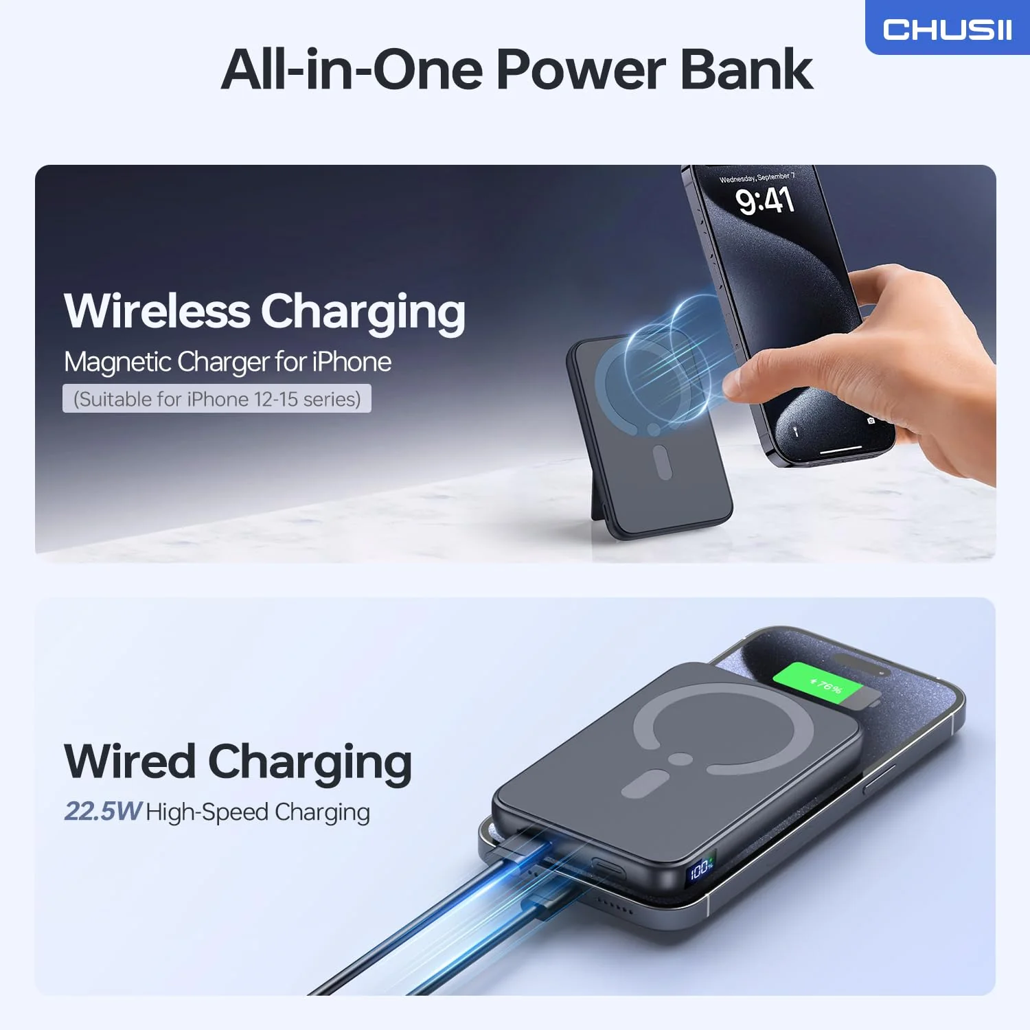 for Magsafe Portable Charger, 12000mAh Wireless Magnetic Power Bank with Stand and USB C in/Out Fast Charging, for Magsafe Battery Pack Compatible with iPhone 15/14/13/12 Pro/Pro Max Series-Black Black - Image 3