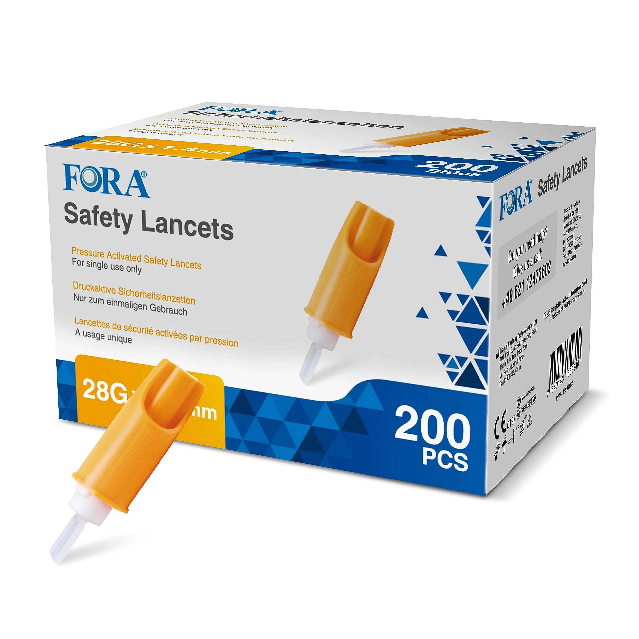 FORA Safety Lancets 28G – Pack of 200, Safety Lancet, Single Penetration Aid for Capillary Blood Removal