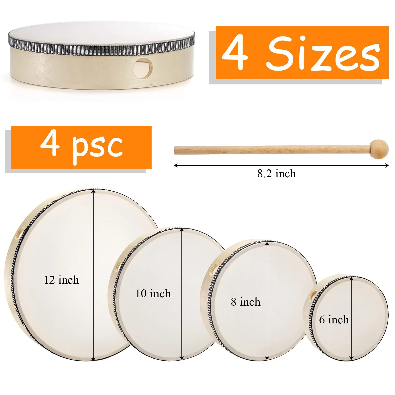 Foraineam 4 Pack Hand Drum 12 Inch 10 Inch 8 Inch 6 Inch Wood Drum Set Musical Educational Percussion Instrument Wooden Frame Drum with Drum Sticks for Home Party Supplies - Image 2