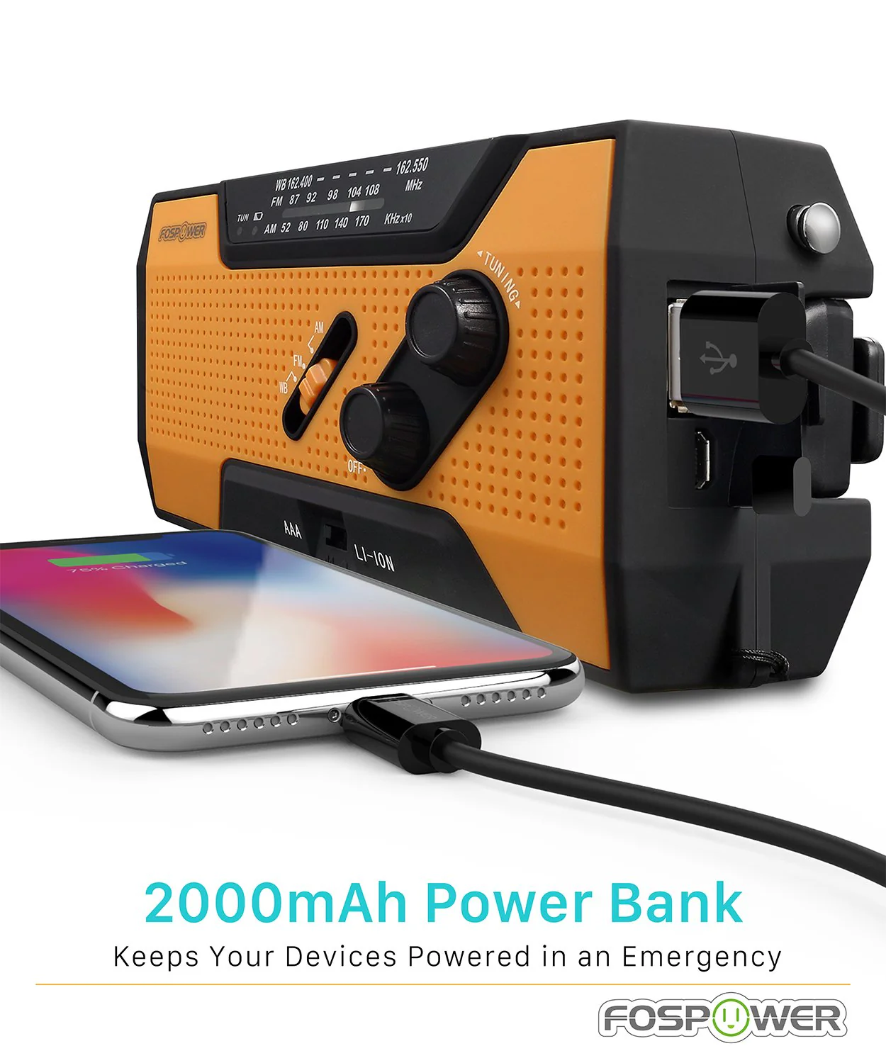 FosPower 2000mAh NOAA Emergency Weather Radio (Model A1) Portable Power Bank with Solar Charging, Hand Crank & Battery Operated, SOS Alarm, AM/FM & LED Flashlight for Outdoor Emergency - Image 2
