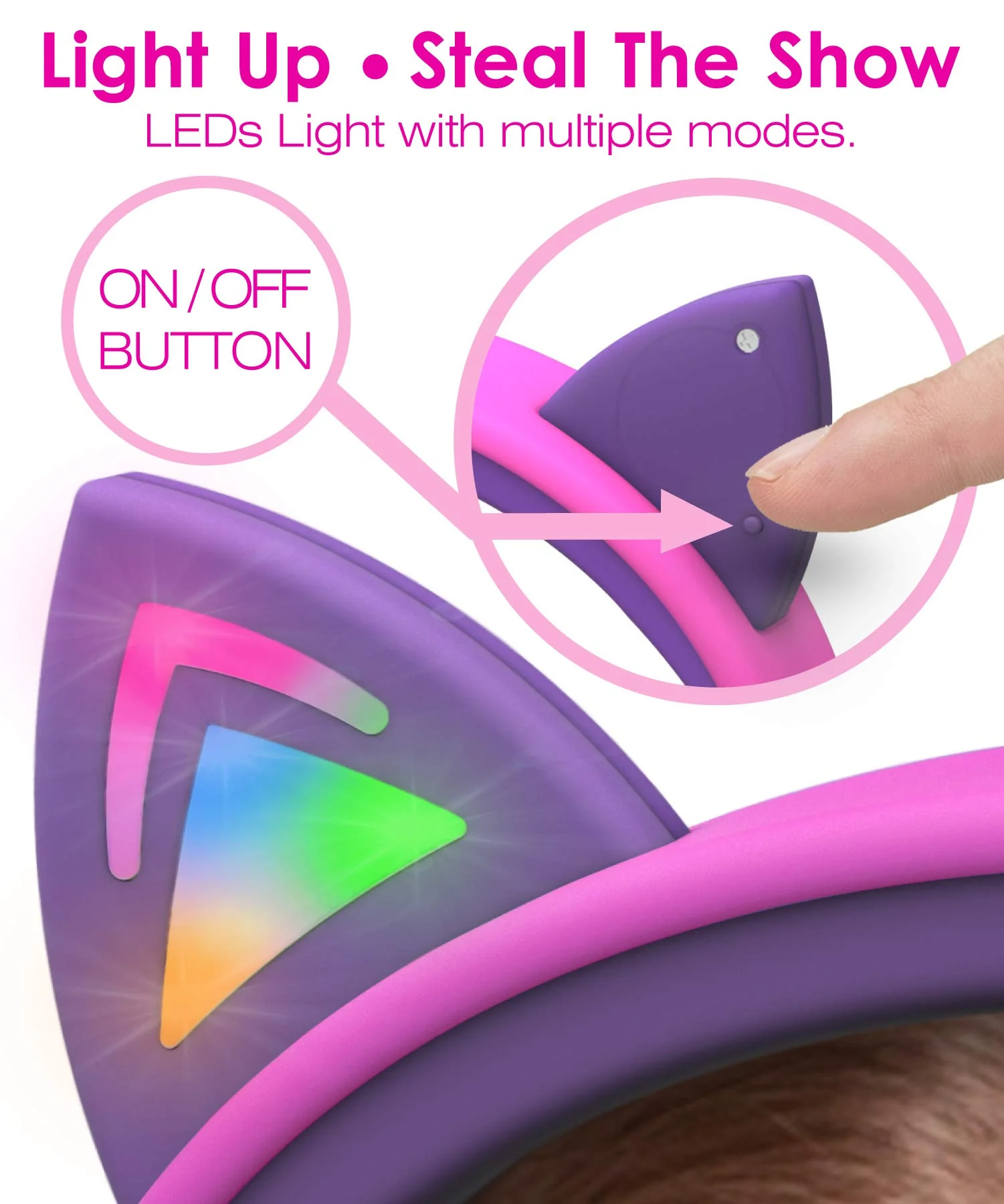FosPower Kids Headphones with LED Cat Ears (Safe Volume Limit 85 dB), 3.5mm On-Ear Wired Headphones with Laced Tangle-Free Cables for Boys/Girls/School/Travel - Hot Pink/Purple Hot Pink / Purple - Image 5