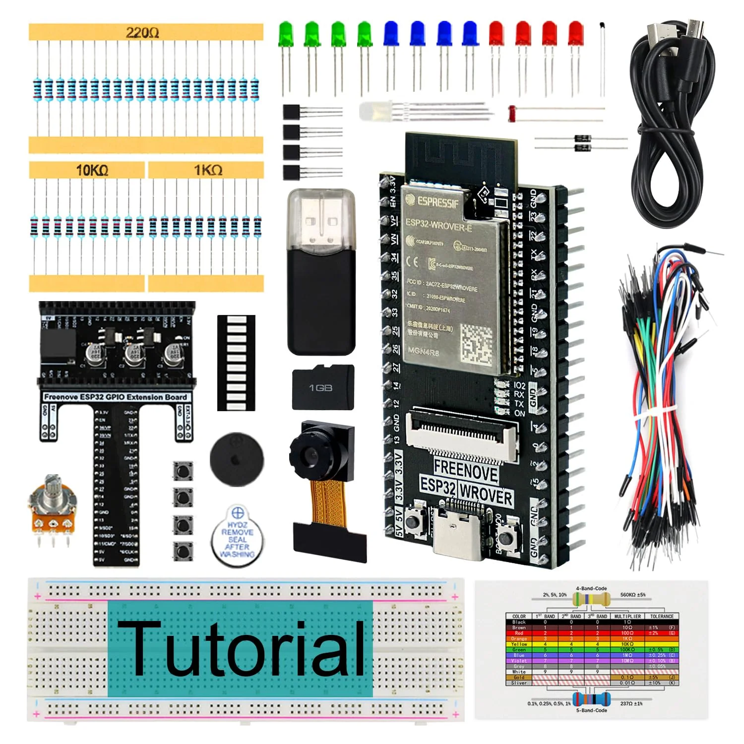 Freenove Basic Starter Kit for ESP32 CAM (Included), Dual-core 32-bit 240 MHz Microcontroller, Onboard Camera Wireless, Python C Code, 400-Page Detailed Tutorial, 141 Items, 58 Projects with Memory Card Slot and Card
