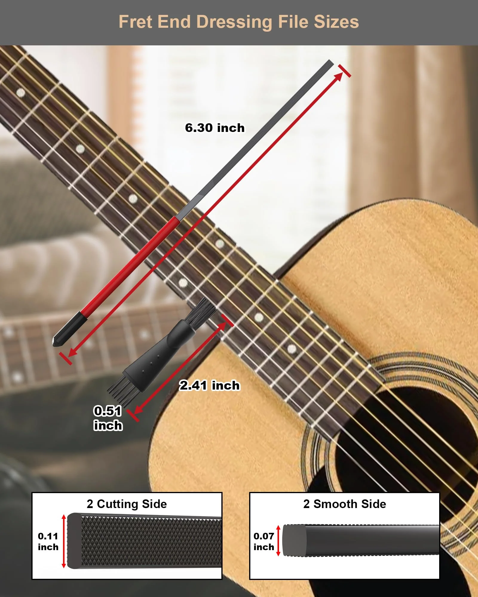 Fret End File, Fix Sharp Fret End Dressing File, Double-Side Guitar Fret Files for Rounding, Shaping, and Deburring, Works on All Frets, with Clean Brush - Image 2