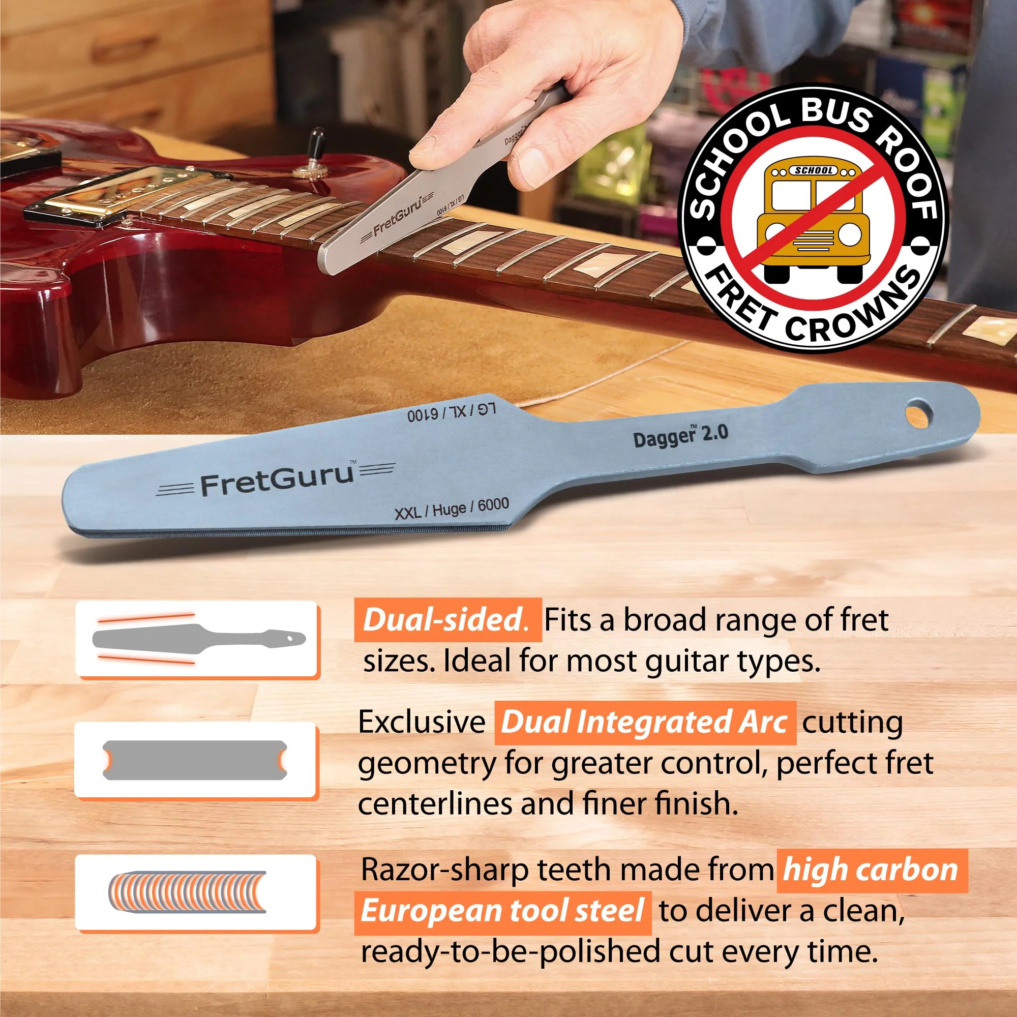 FretGuru Guitar Fret Crowning File - Dual Sided Dagger 2.0 - LG/XL and XXL/HUGE - Ideal for Frets between .095" to .118" wide - Professional Luthier Tool for Electric and Bass Guitars Dagger 2.0 XXL - Image 3