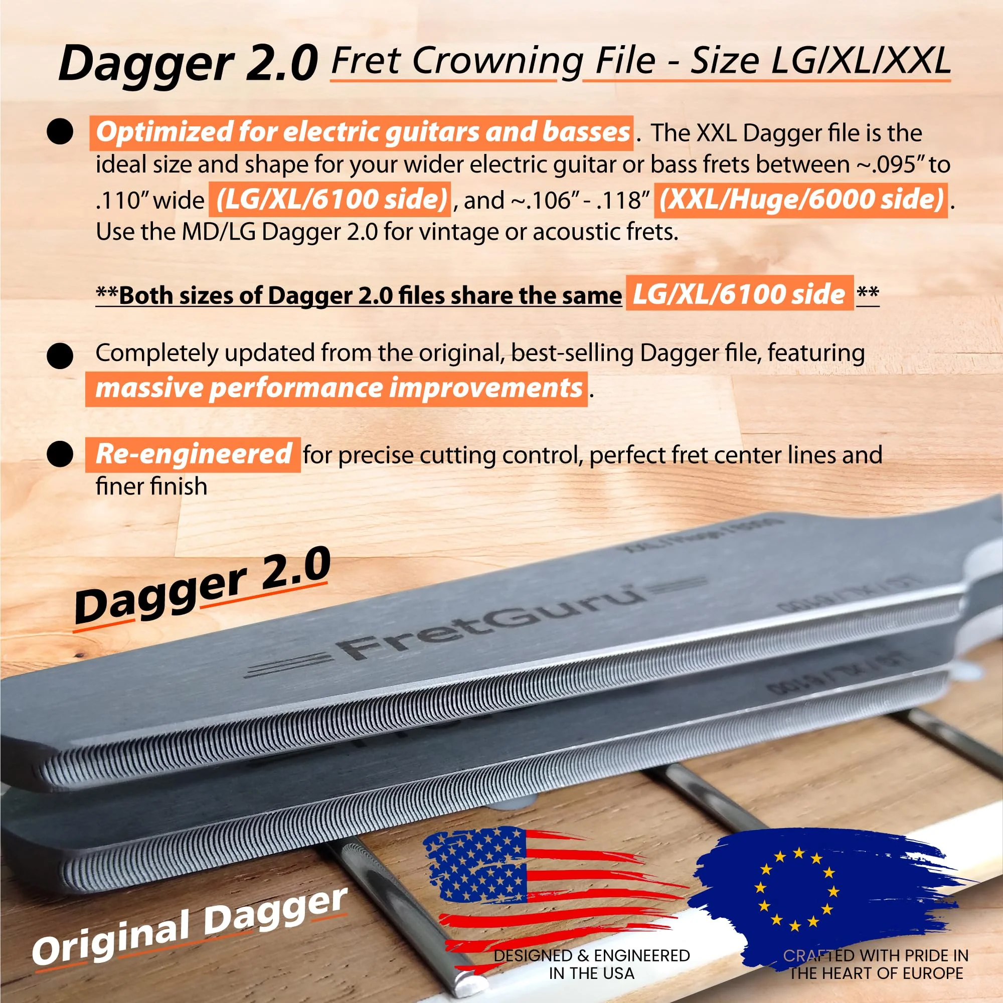 FretGuru Guitar Fret Crowning File - Dual Sided Dagger 2.0 - LG/XL and XXL/HUGE - Ideal for Frets between .095" to .118" wide - Professional Luthier Tool for Electric and Bass Guitars Dagger 2.0 XXL - Image 5