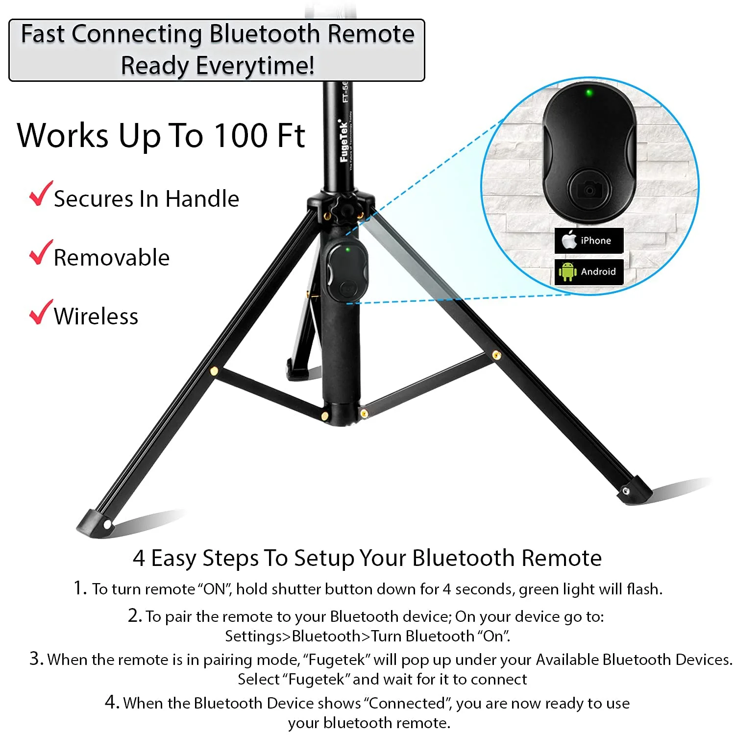Fugetek 51" Professional Selfie Stick & Tripod, Phone Holder, Extendable, Bluetooth Remote, Portable All in One, Heavy Duty Aluminum, Compatible with iPhone & Android Devices, Non Skid Feet, Black - Image 4
