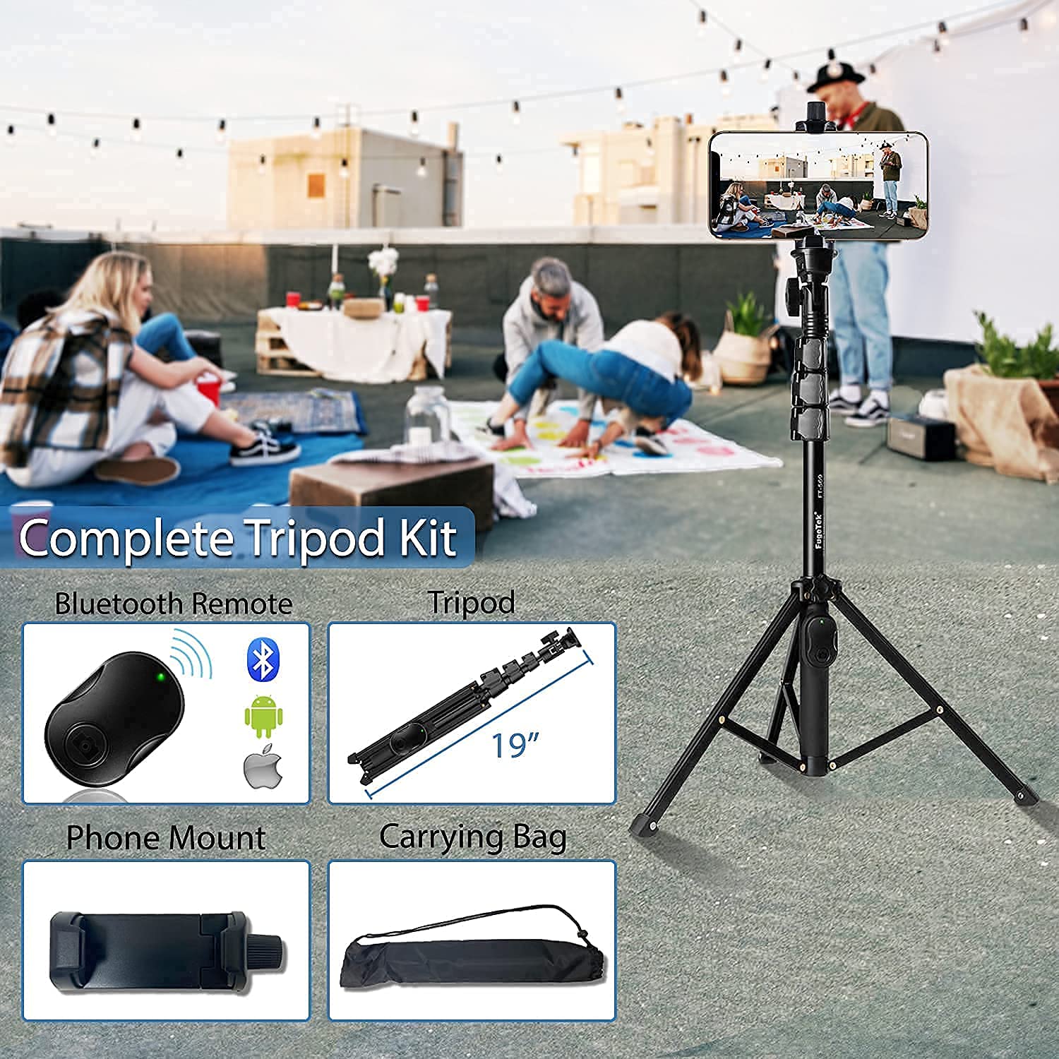Fugetek 51" Professional Selfie Stick & Tripod, Phone Holder, Extendable, Bluetooth Remote, Portable All in One, Heavy Duty Aluminum, Compatible with iPhone & Android Devices, Non Skid Feet, Black - Image 8