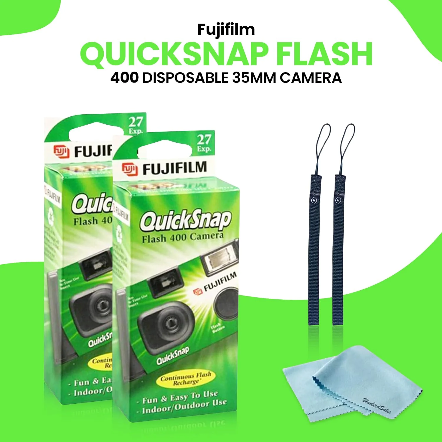 Fujifilm QuickSnap Flash 400 Disposable 35mm Camera • 2 Pack • 2 Hand Straps • BluebirdSales Microfiber Cleaning Cloth - Image 2