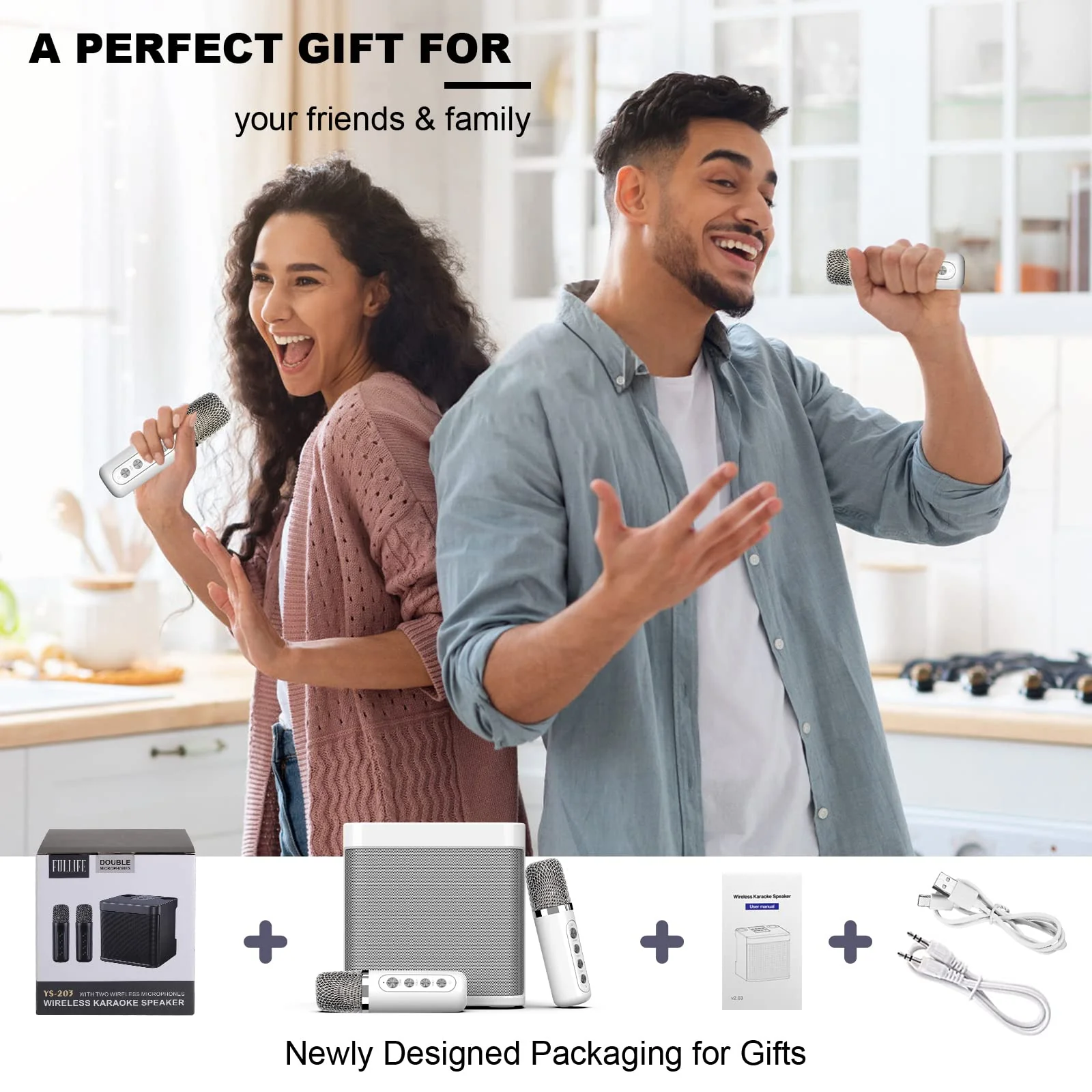 FULLIFE Karaoke Machine for Adults/Kids, 3000mAh Portable Bluetooth Karaoke Speaker with 2 Wireless Microphones, HD Karaoke PA System with Echo/Vocal Cut, Supports TF/USB/AUX-in, for Home Parties - Image 2
