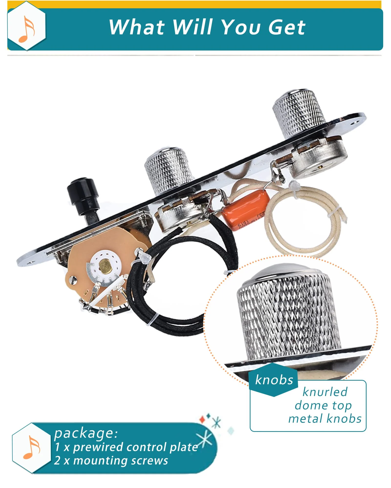 Fully Loaded Guitar Control Plate, Prewired 3-way Blade Switch Large Potentiometers Orange Capacitor, Knurled Volume Tone Controls Knobs Fit for Guitars with Single Coil Pickups, Chrome chrome TL02b - Image 6