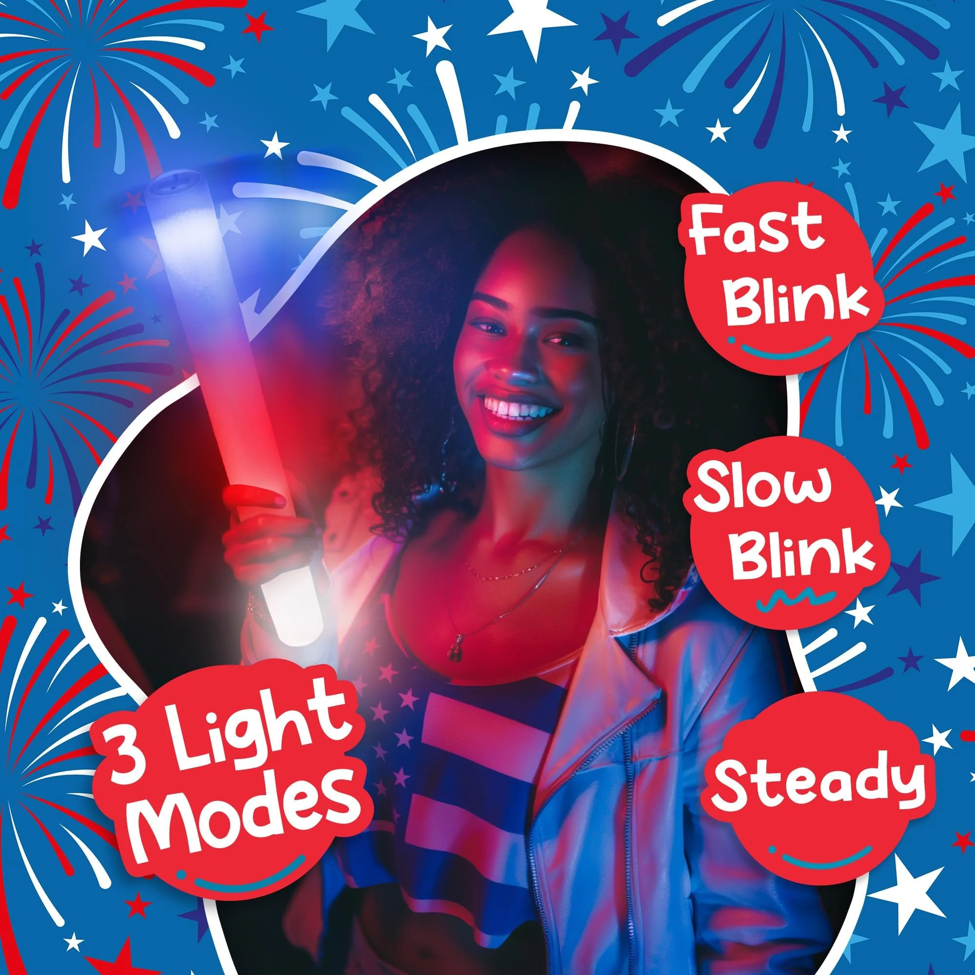Fun Central LED Foam Sticks - 12 Pack, 16-Inch, 3 Light-Up Modes For Mardi Gras & St Patricks Day (Red/White/Blue) Red/White/Blue - Image 6