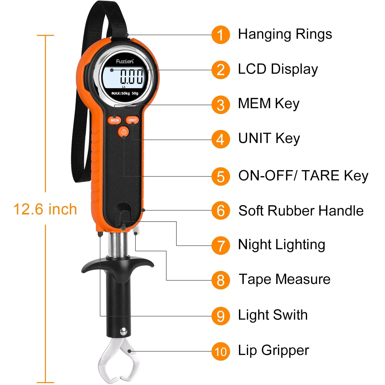 Fuzion Fish Scale, Professional Fishing Scale - 110lb Capacity, Waterproof, Night Light, Memory & Tape Measure | Portable Fish Weigh Kit w/Lip Gripper, Batteries & Pouch - Image 2