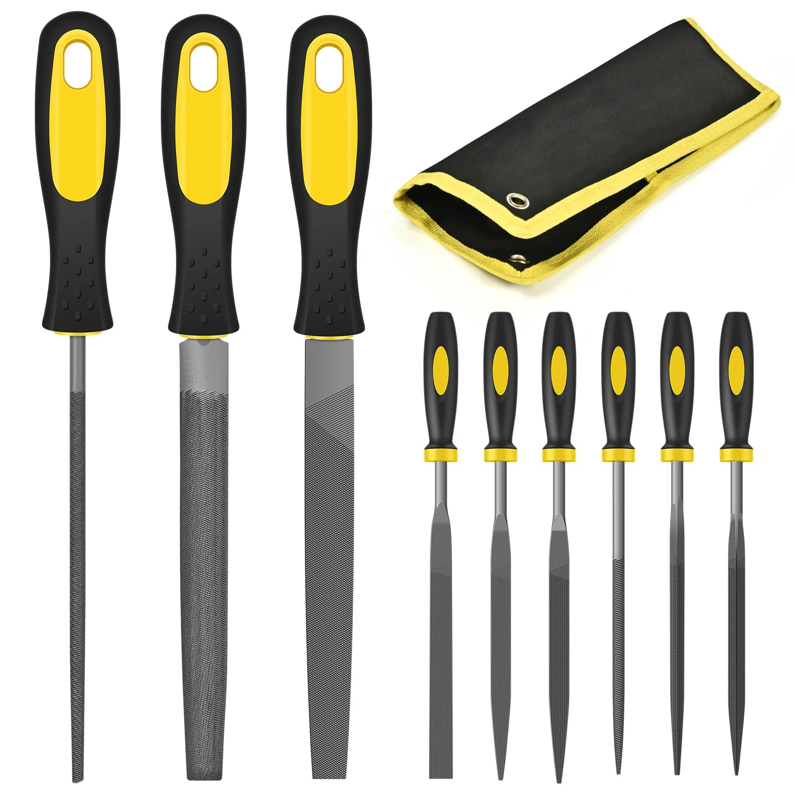 FZENeast File Set, 9-Piece High-Quality Professional Carbon Steel File Set with Storage Bag, Flat File, Half Round File, Round File and 6 Needle Files for Wood, Metal and Woodworking 9 pieces