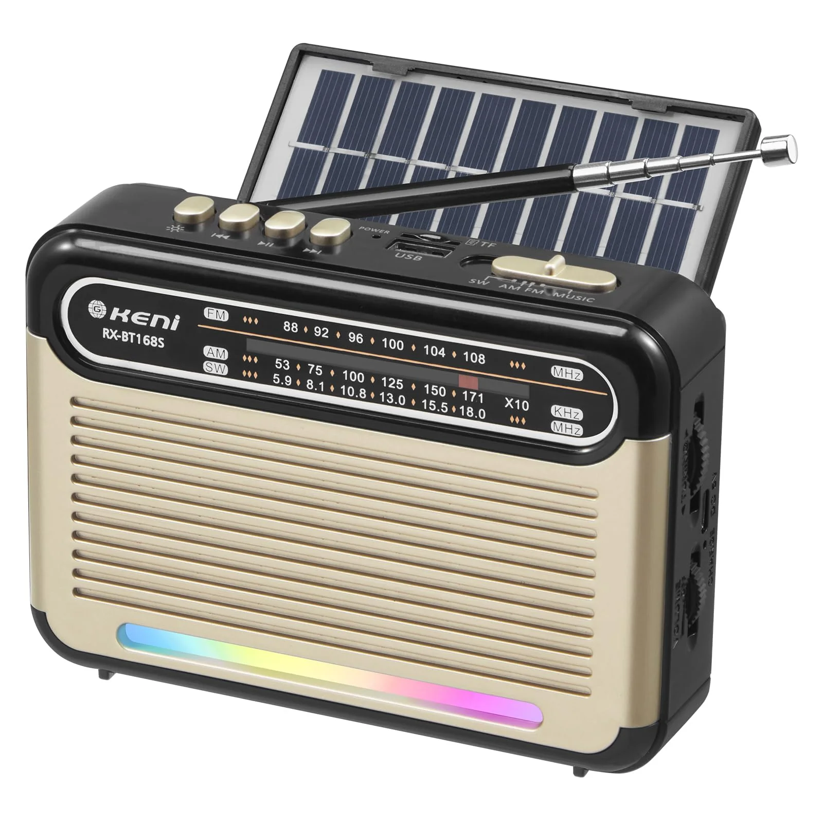 G Keni Portable Solar Radio AM FM SW with Rechargeable Battery Operated, Shortwave Bluetooth Radio Strong Reception, USB/TF Card Input, Solar Panel, Big Speaker with Ambient Light (Golden&Black) Golden&Black
