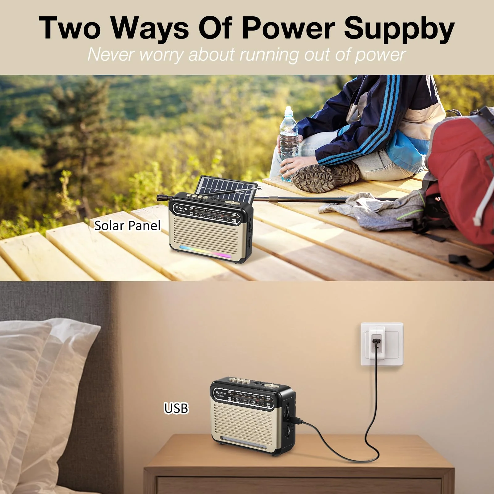 G Keni Portable Solar Radio AM FM SW with Rechargeable Battery Operated, Shortwave Bluetooth Radio Strong Reception, USB/TF Card Input, Solar Panel, Big Speaker with Ambient Light (Golden&Black) Golden&Black - Image 4