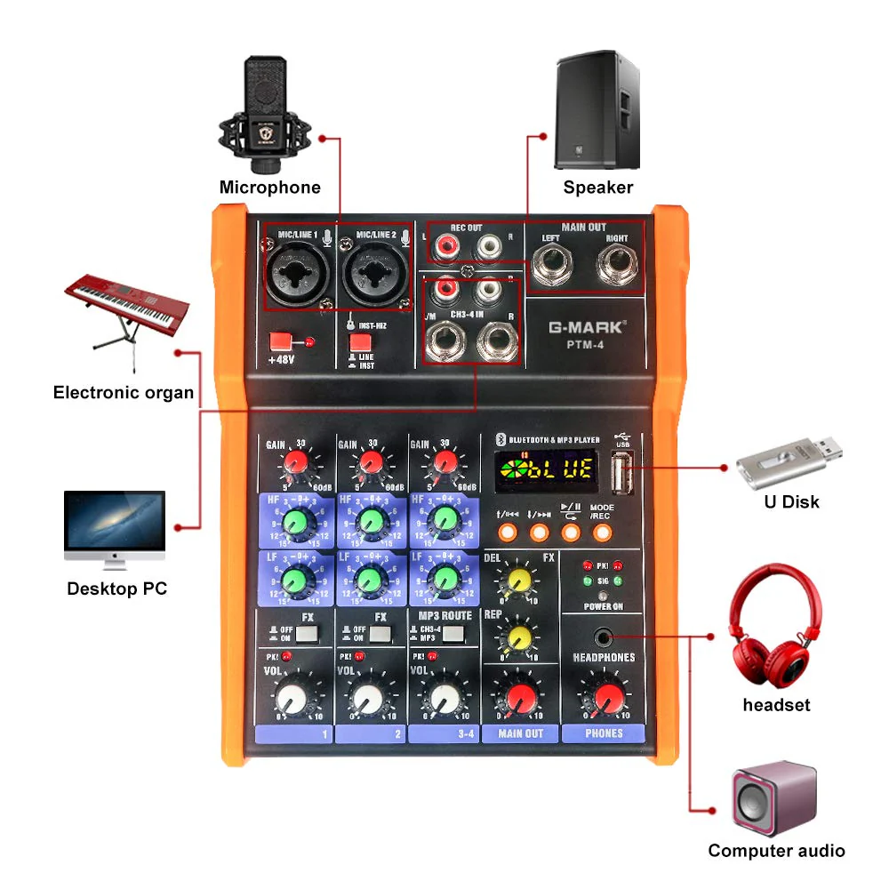 G-MARK Analog Mixer Audio 4 Channel DJ Audio Mixer Bluetooth Studio Karaoke For PC Live Performance KTV Home Stage Music Effects Sound Card Protable Mixing Console PTM-4 - Image 7