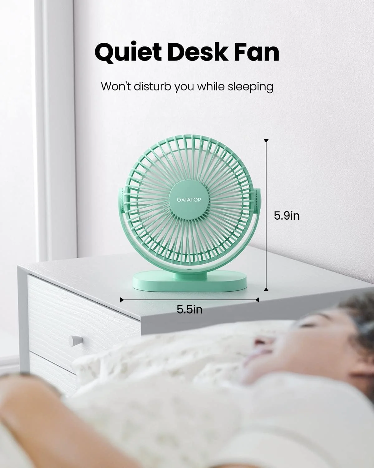 Gaiatop USB Desk Fan, 3 Speeds Powerful Portable Fan, 5.5 Inch Quiet Cooling Mini Fan, 90° Rotate Small Table Fan with 5ft Cable Personal Fan for Desktop Home Office Travel Green - Image 4
