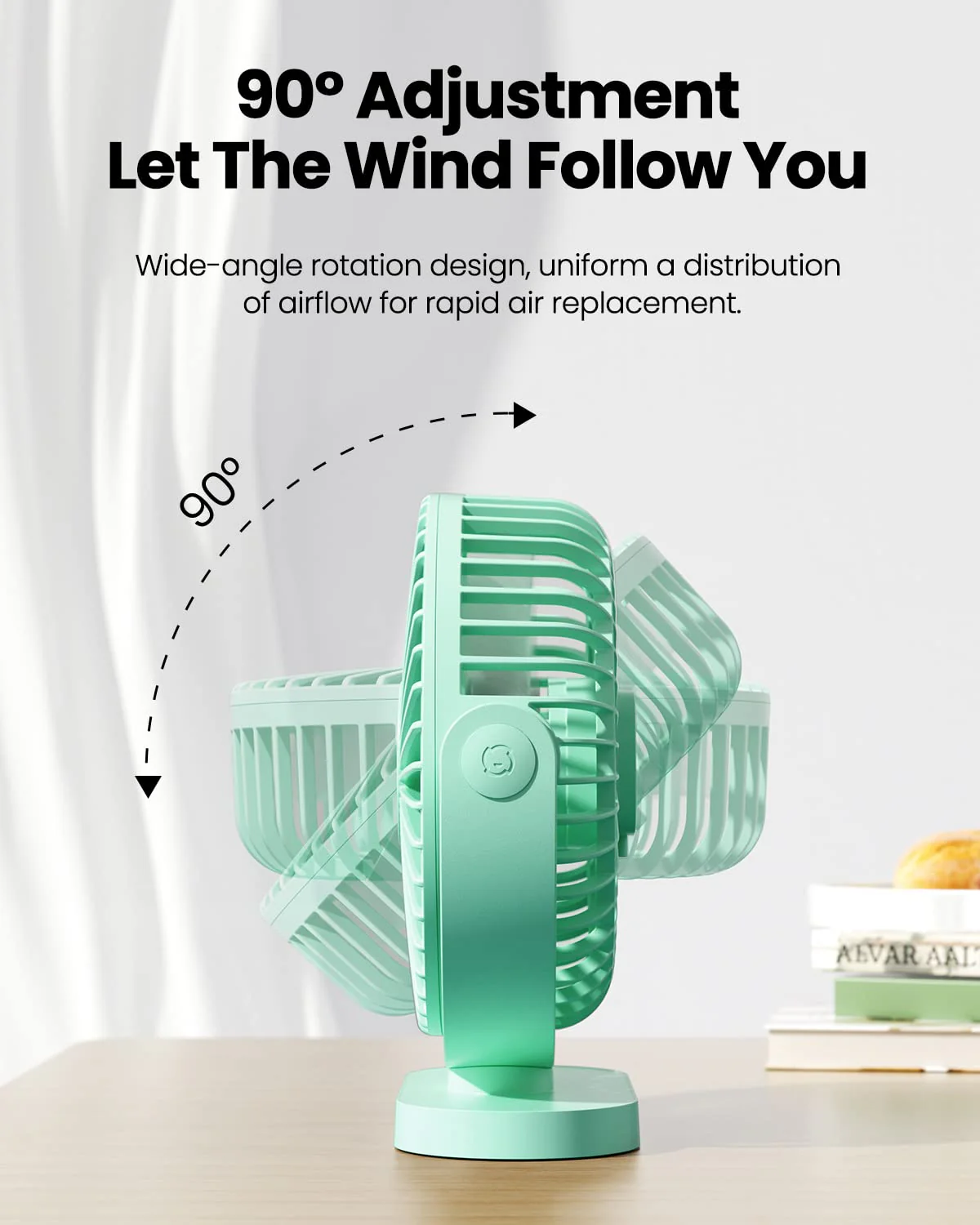 Gaiatop USB Desk Fan, 3 Speeds Powerful Portable Fan, 5.5 Inch Quiet Cooling Mini Fan, 90° Rotate Small Table Fan with 5ft Cable Personal Fan for Desktop Home Office Travel Green - Image 6