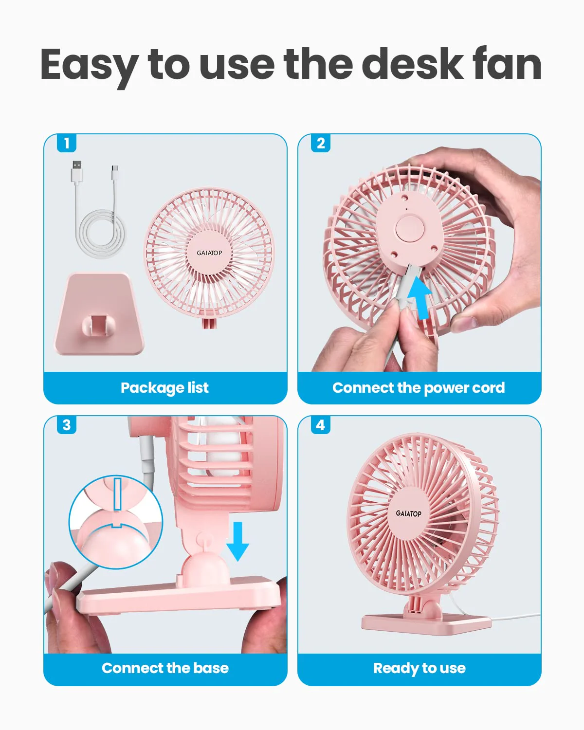 Gaiatop USB Desk Fan, Small But Powerful, Personal Portable Quiet 3 Speeds, Adjustment Mini Table Desktop for Better Cooling Home Office Car Indoor Outdoor Pink - Image 8