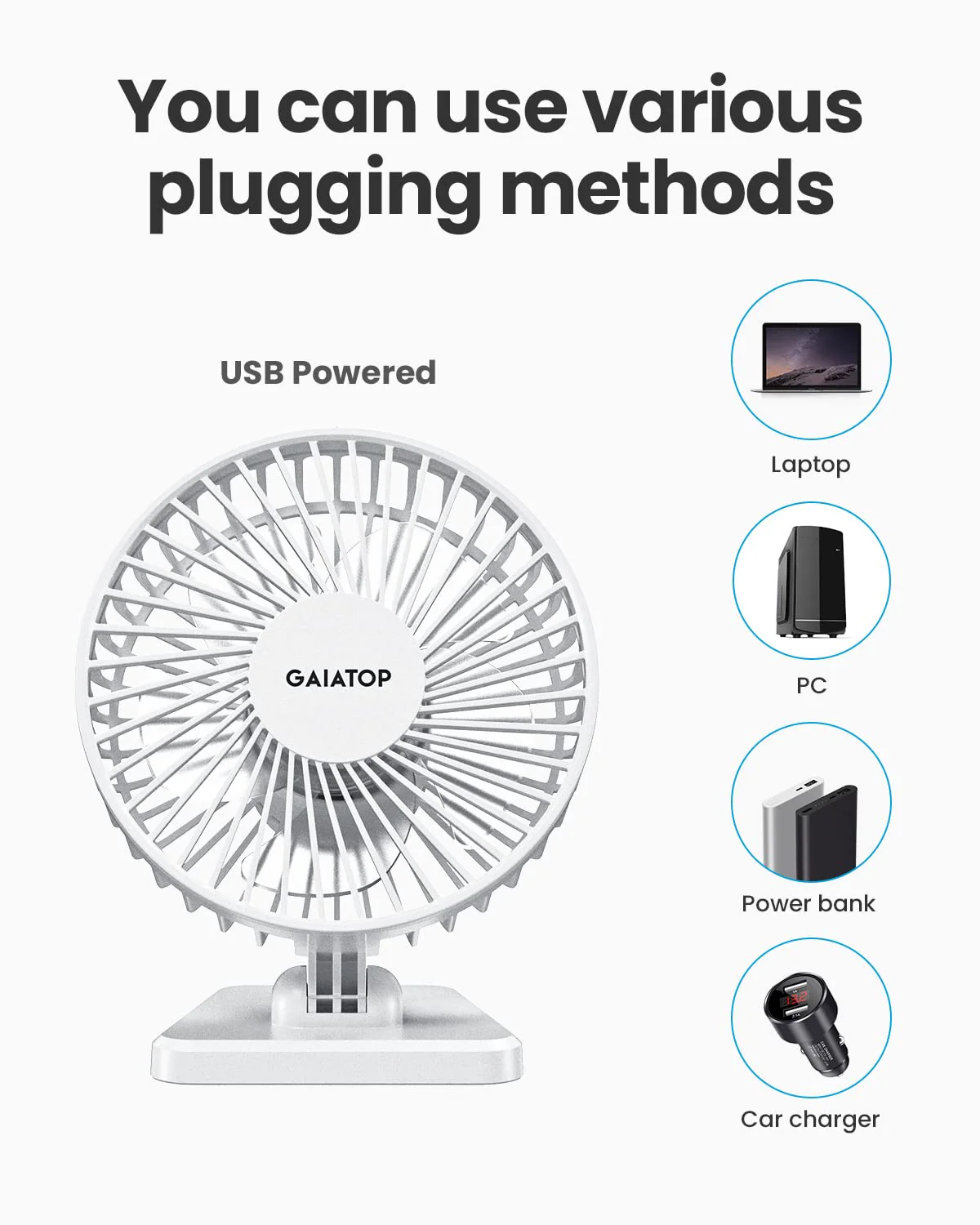 Gaiatop USB Desk Fan, Small But Powerful, Personal Portable Quiet 3 Speeds, Adjustment Mini Table Desktop for Better Cooling Home Office Car Indoor Outdoor White Pure White - Image 6