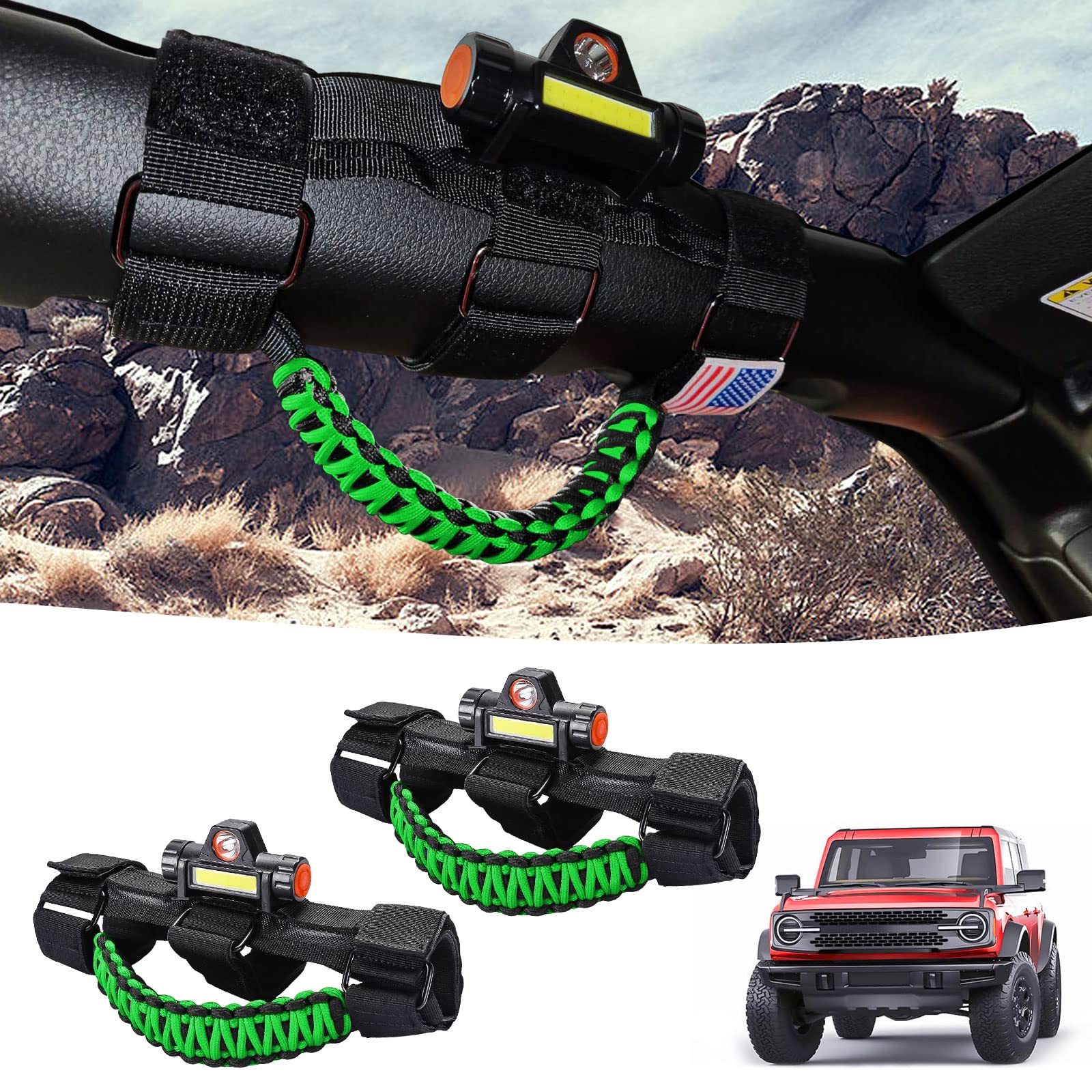 GAIZON 2 Pack Grab Handles Roll Bar Paracord for Jeep Wrangler Accessories Sahara Freedom Rubicon CJ YJ TJ JL JK LJ JLU JKU,Gladiator JT 1955-2023 Interior Accessory,Grip Handle with LED Light(Green) Green