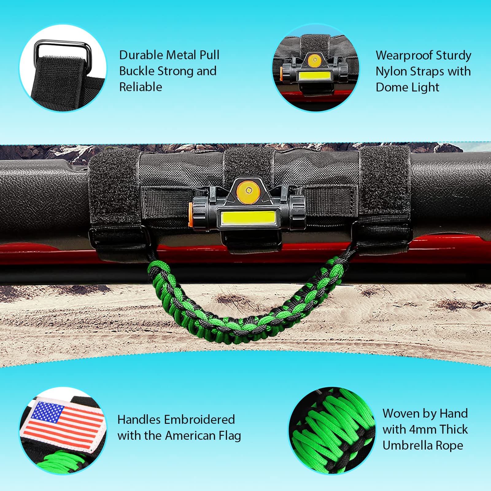 GAIZON 2 Pack Grab Handles Roll Bar Paracord for Jeep Wrangler Accessories Sahara Freedom Rubicon CJ YJ TJ JL JK LJ JLU JKU,Gladiator JT 1955-2023 Interior Accessory,Grip Handle with LED Light(Green) Green - Image 2
