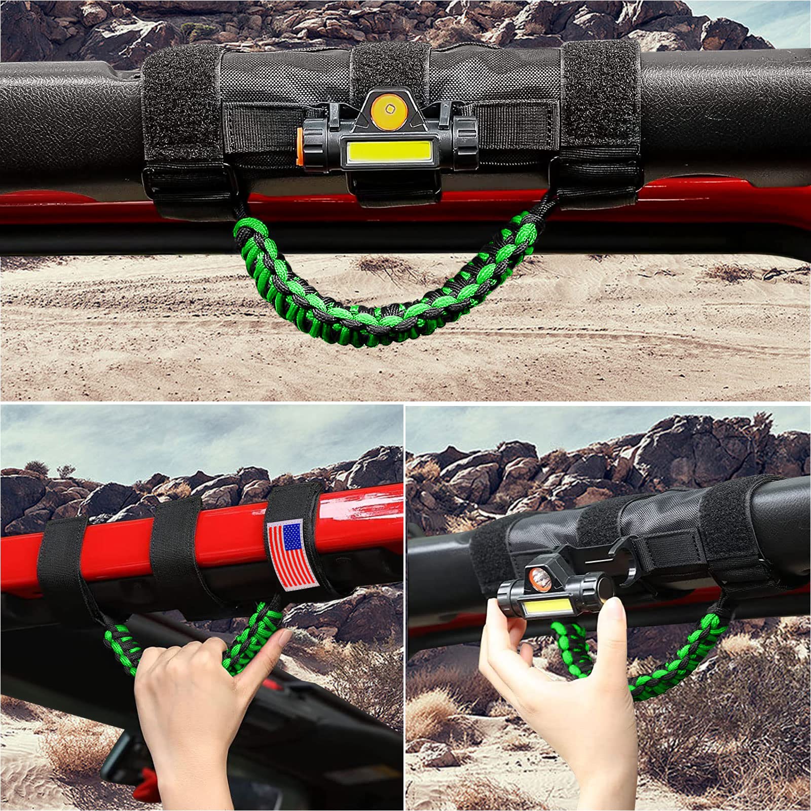 GAIZON 2 Pack Grab Handles Roll Bar Paracord for Jeep Wrangler Accessories Sahara Freedom Rubicon CJ YJ TJ JL JK LJ JLU JKU,Gladiator JT 1955-2023 Interior Accessory,Grip Handle with LED Light(Green) Green - Image 4