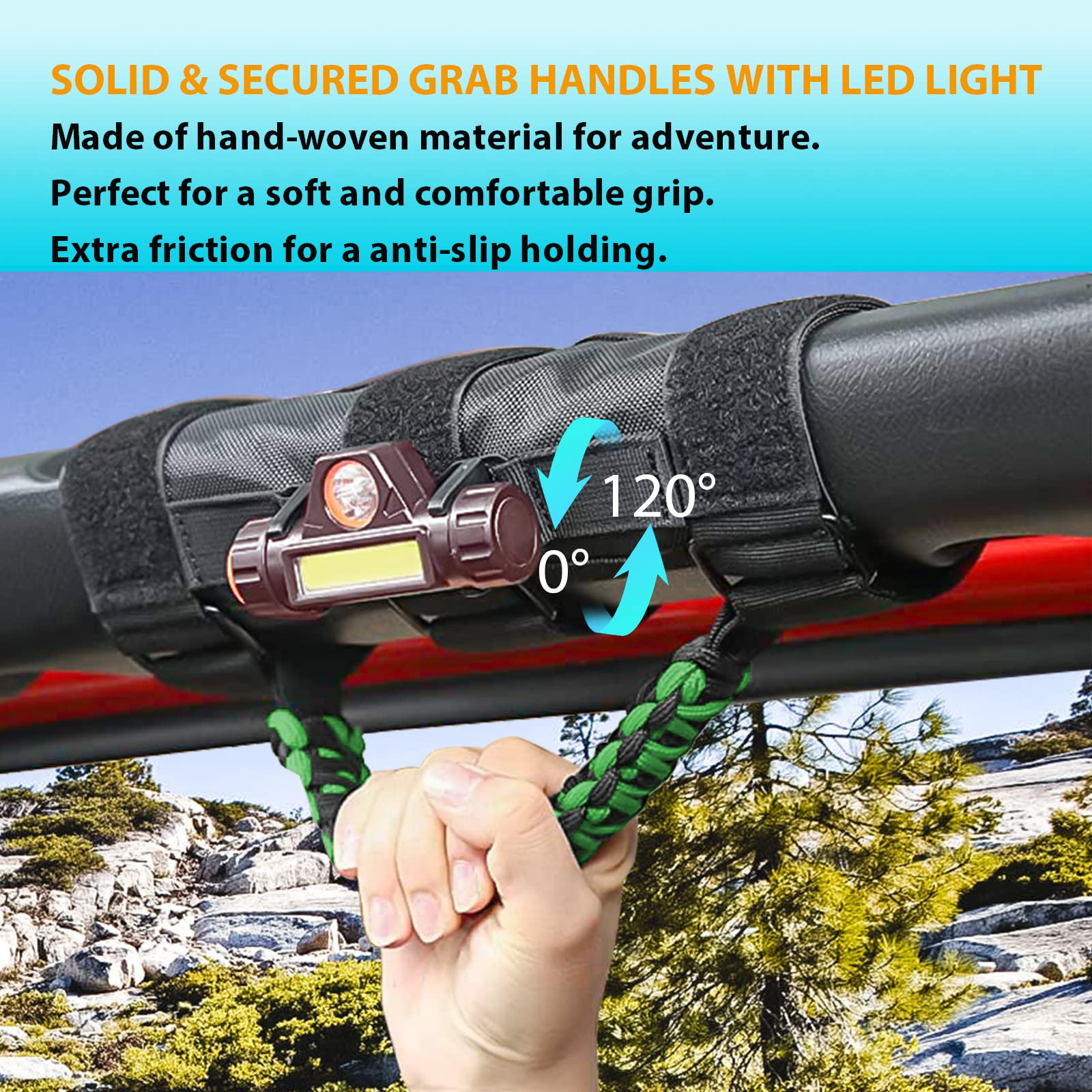 GAIZON 2 Pack Grab Handles Roll Bar Paracord for Jeep Wrangler Accessories Sahara Freedom Rubicon CJ YJ TJ JL JK LJ JLU JKU,Gladiator JT 1955-2023 Interior Accessory,Grip Handle with LED Light(Green) Green - Image 5