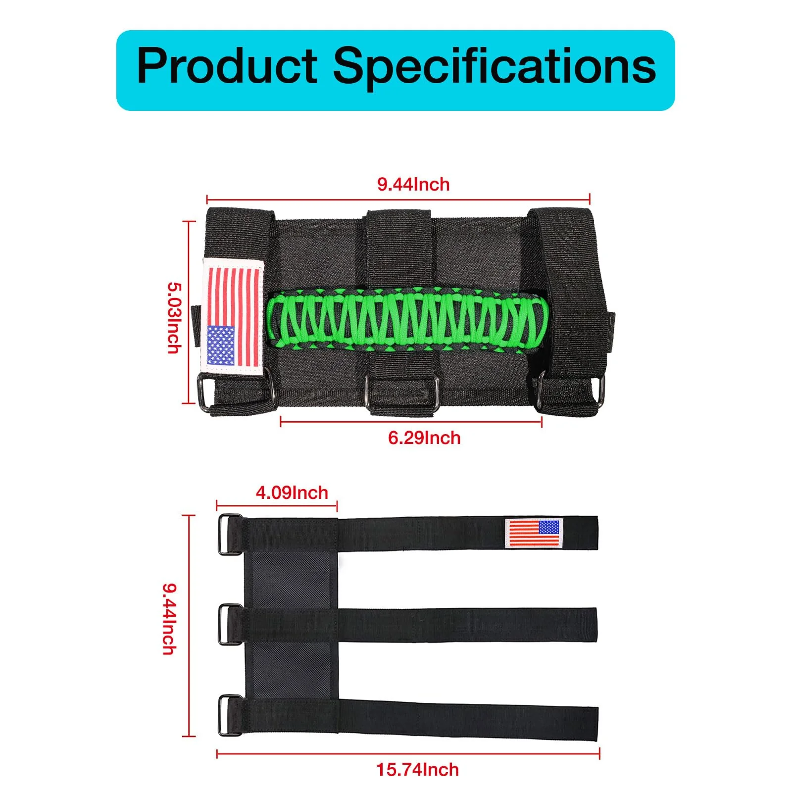 GAIZON 2 Pack Grab Handles Roll Bar Paracord for Jeep Wrangler Accessories Sahara Freedom Rubicon CJ YJ TJ JL JK LJ JLU JKU,Gladiator JT 1955-2023 Interior Accessory,Grip Handle with LED Light(Green) Green - Image 8