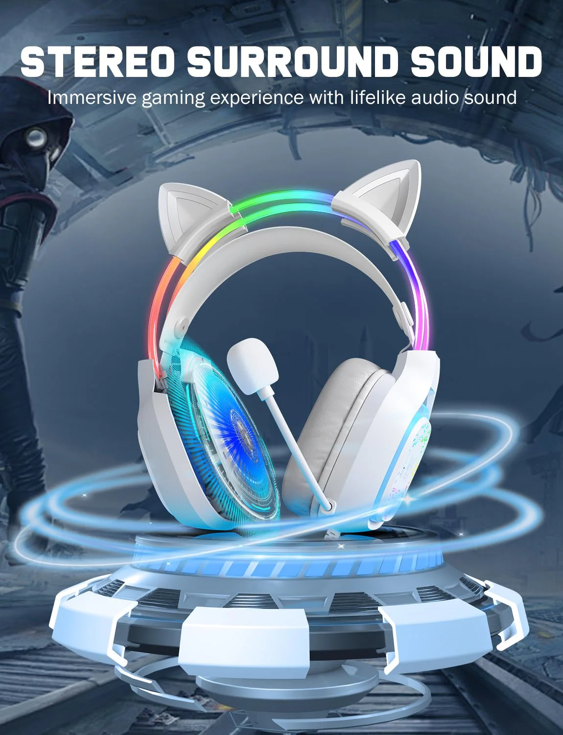 Gaming Headset with Microphone, RGB Lights, Detachable Cat Ear, Lightweight Over-Ear Headphones with Adjustable Headband for PC, PS4, PS5, Mac, Switch, Surround Sound, in-Line Control, White - Image 2