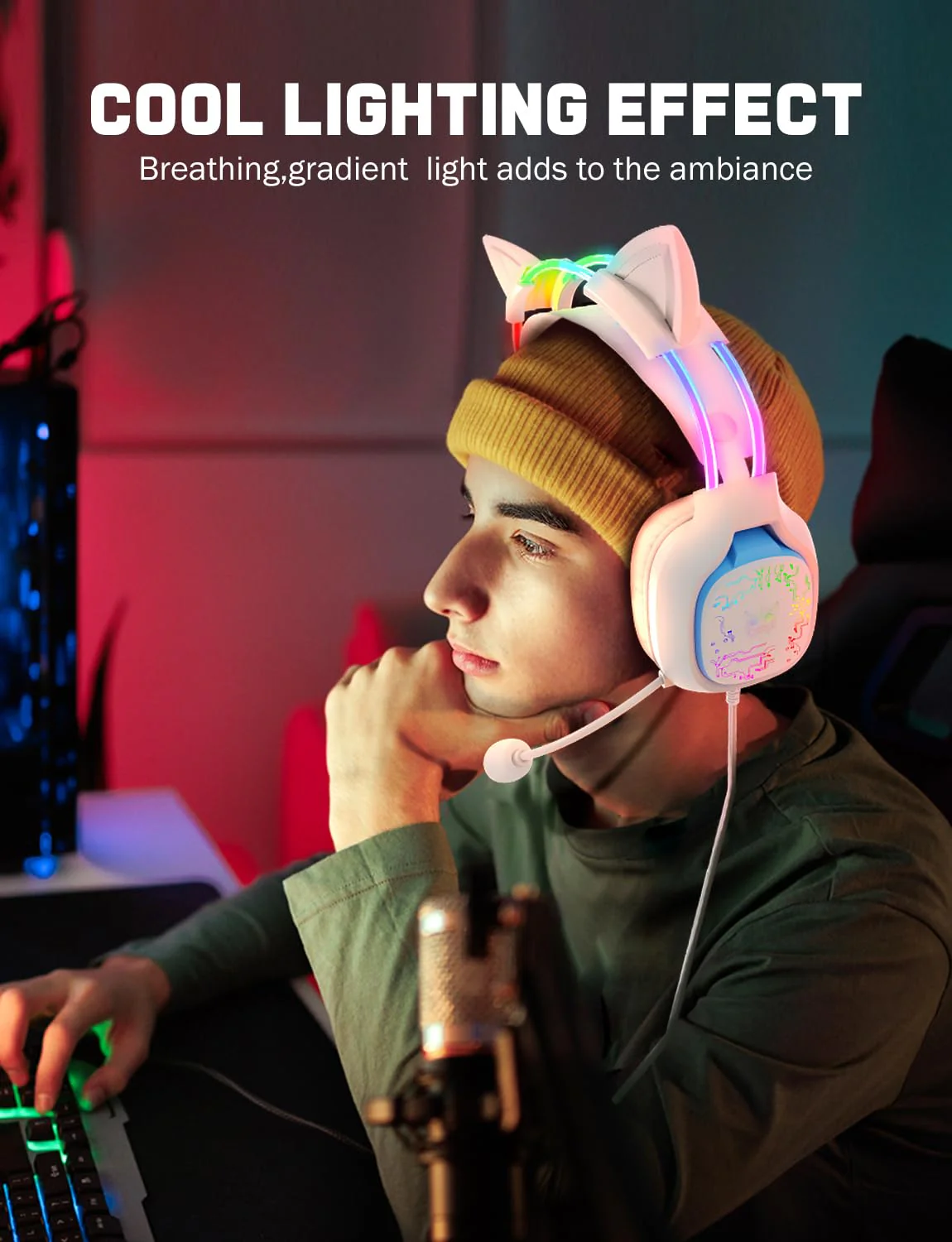 Gaming Headset with Microphone, RGB Lights, Detachable Cat Ear, Lightweight Over-Ear Headphones with Adjustable Headband for PC, PS4, PS5, Mac, Switch, Surround Sound, in-Line Control, White - Image 3