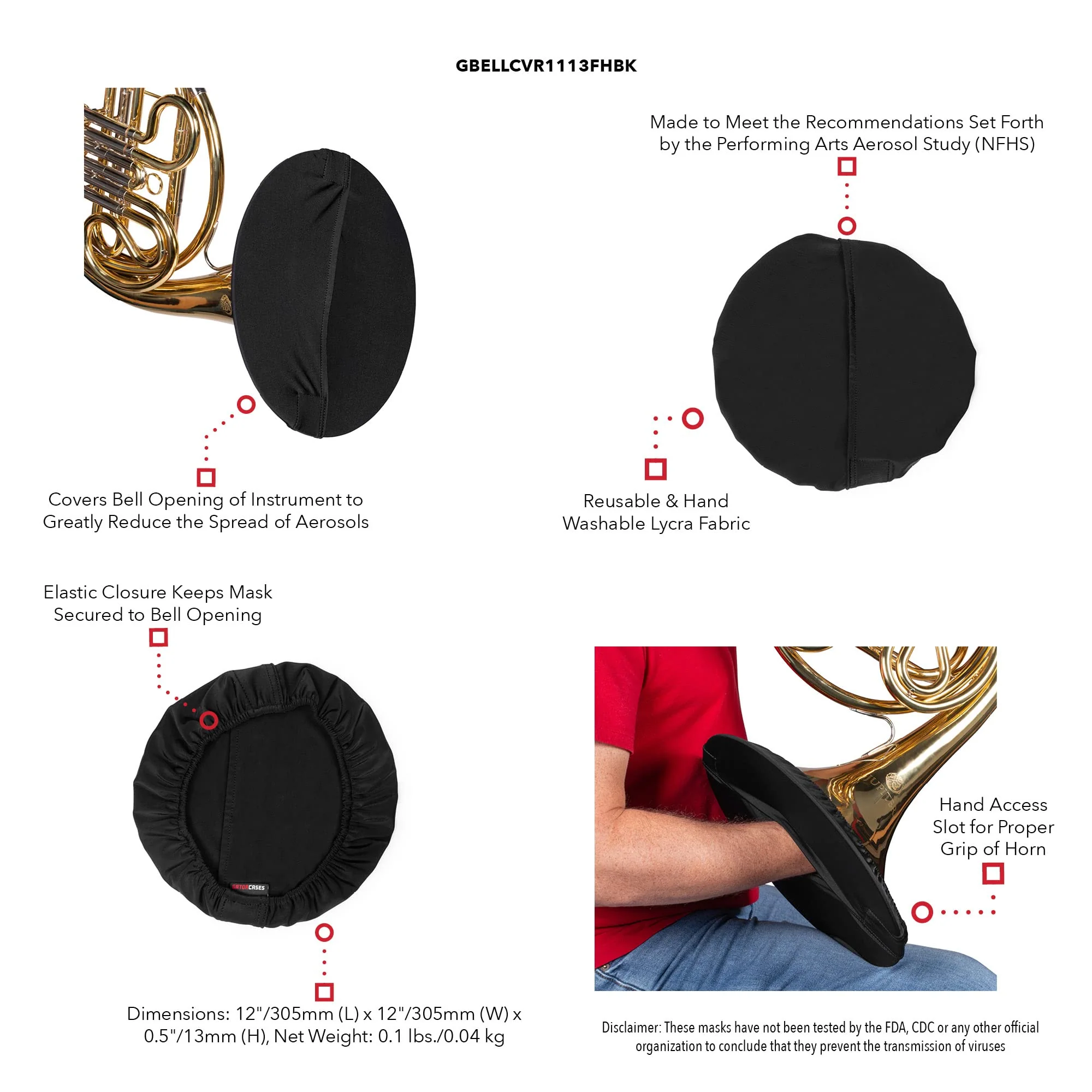 Gator Cases Double-Layer Wind Instrument Cover with Hand Access Fits French Horn Bell Sizes Ranging from 11 to 13” in Diameter (GBELLCVR1113FHBK) 11 to 13-Inches Bell Cover - Image 6