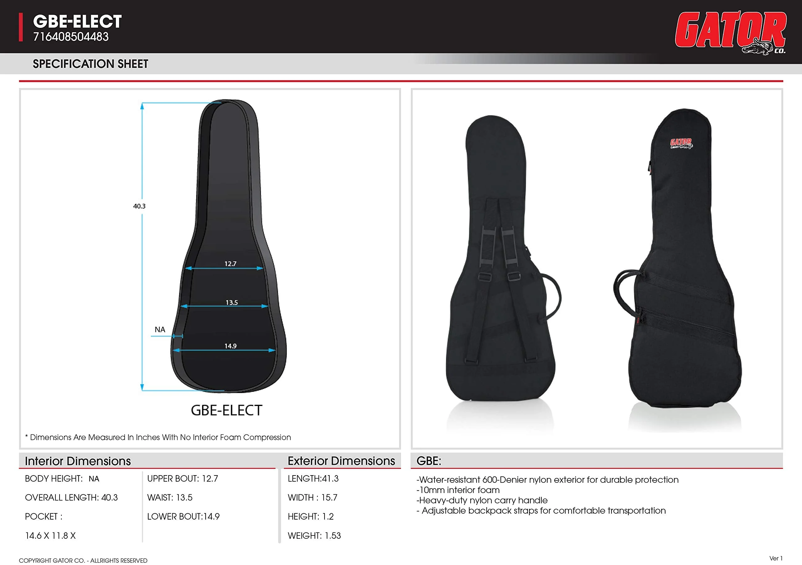 Gator Cases Foam Padded Electric Gig Bag Fits Stratocaster and Telecaster Style Guitars up to 40.3" Length (GBE-Elect) Standard Standard Electric Guitars - Image 11