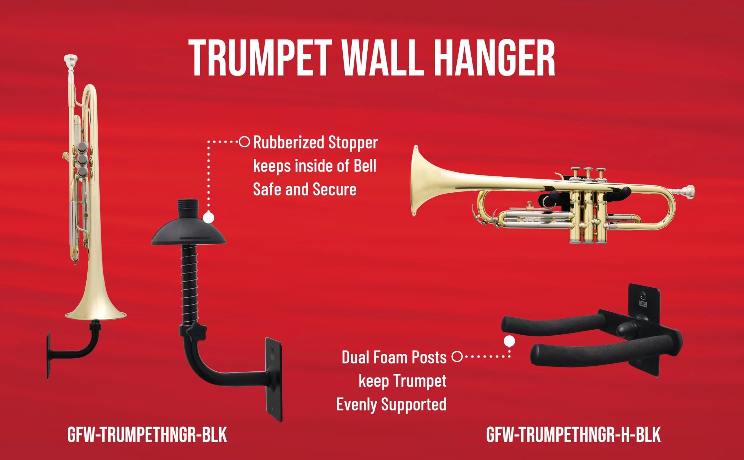 Gator Frameworks Recital Series Wall Hanger for Standard Sized Trumpets; (GFW-TRUMPETHNGR-BLK) Trumpet - Image 2