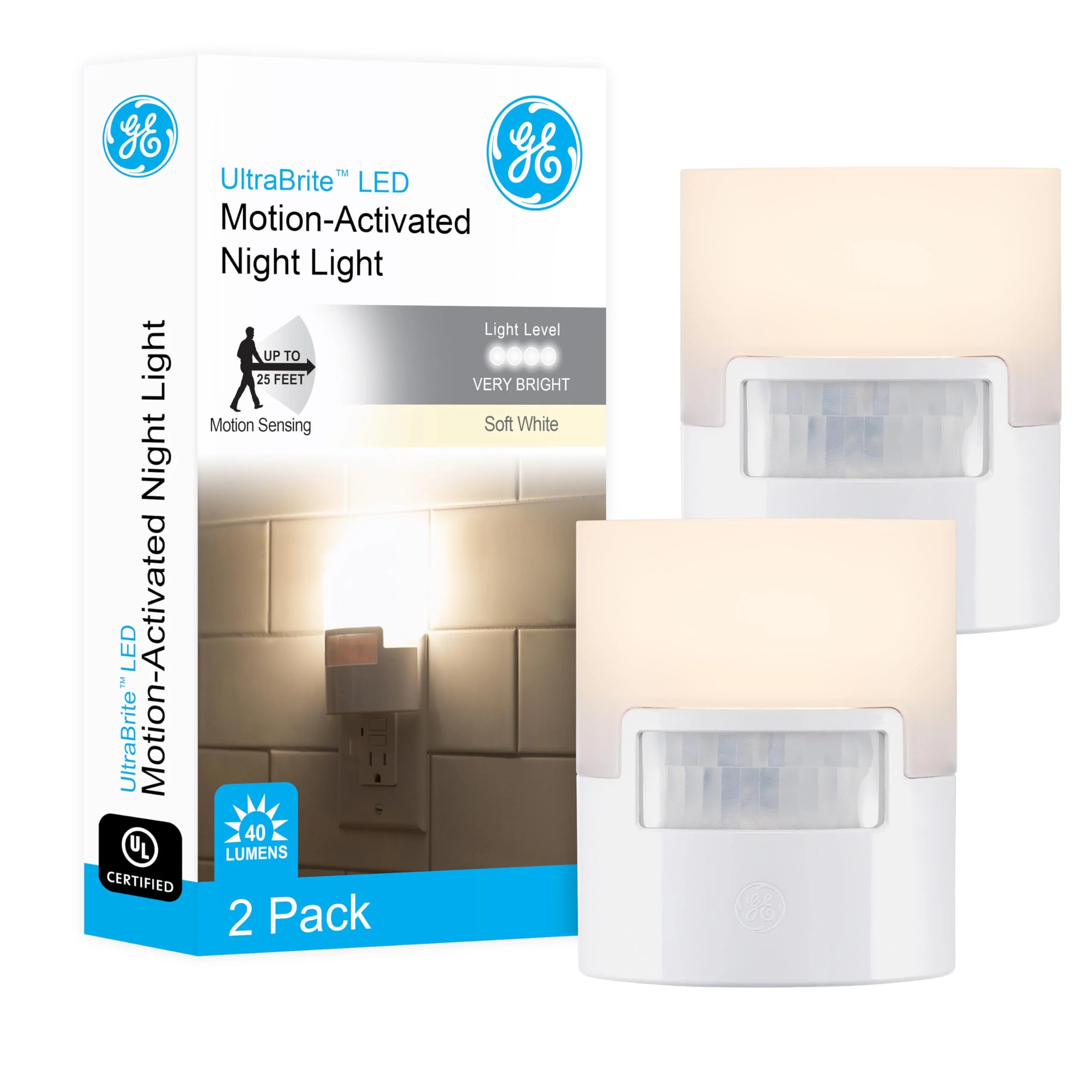 GE LED Motion Sensor Night Light, Plug into wall, 40 Lumens, Soft White, UL-Certified, Energy Efficient, Ideal Nightlight for Bedroom, Bathroom, Kitchen, Hallway, 46632, White, 2 Pack White 40 Lumens