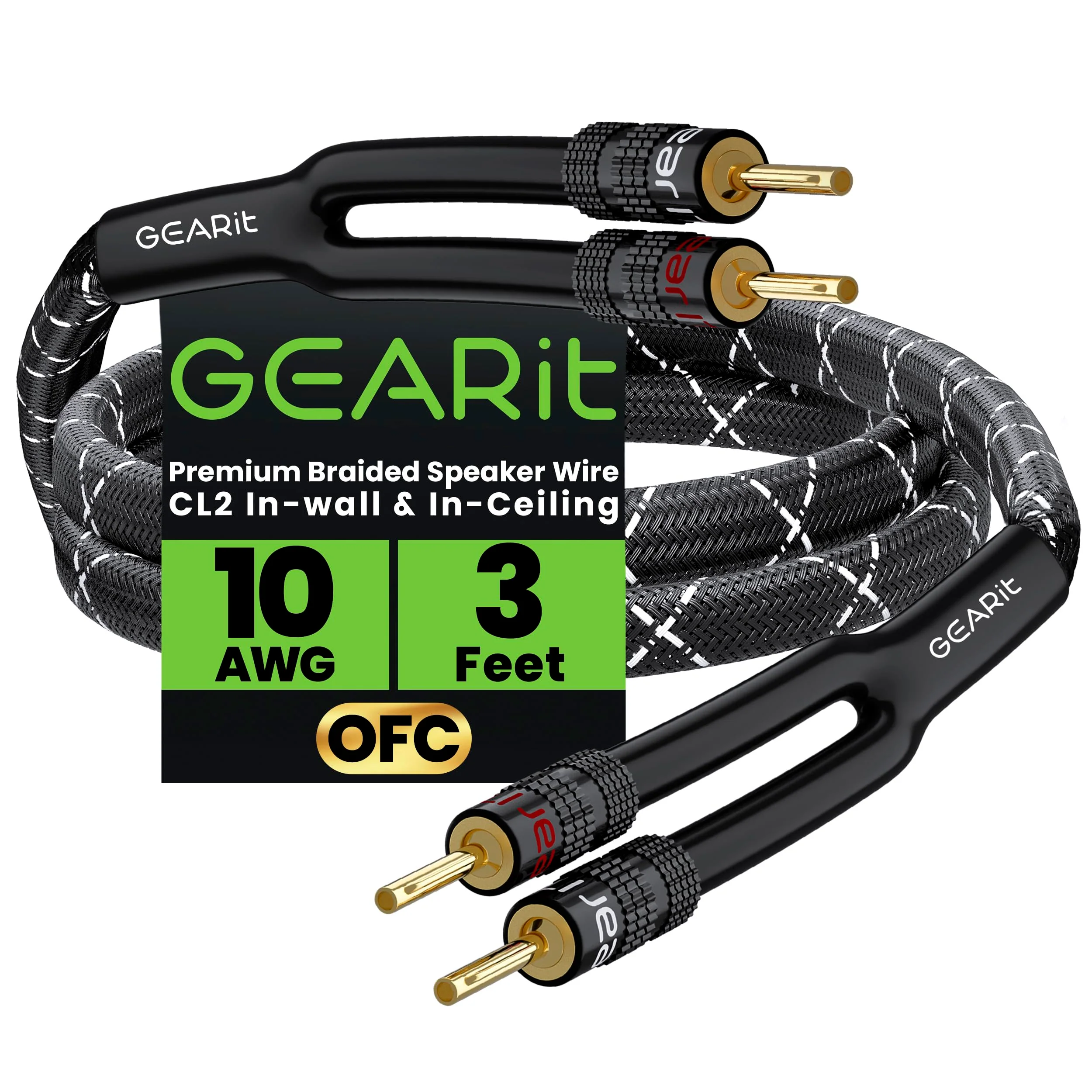 GearIT 10AWG Speaker Cable Wire with Gold-Plated Banana Tip Plugs (3 Feet) in-Wall CL2 Rated, Heavy Duty Braided, 99.9% Oxygen-Free Copper (OFC) - Black 3 Feet