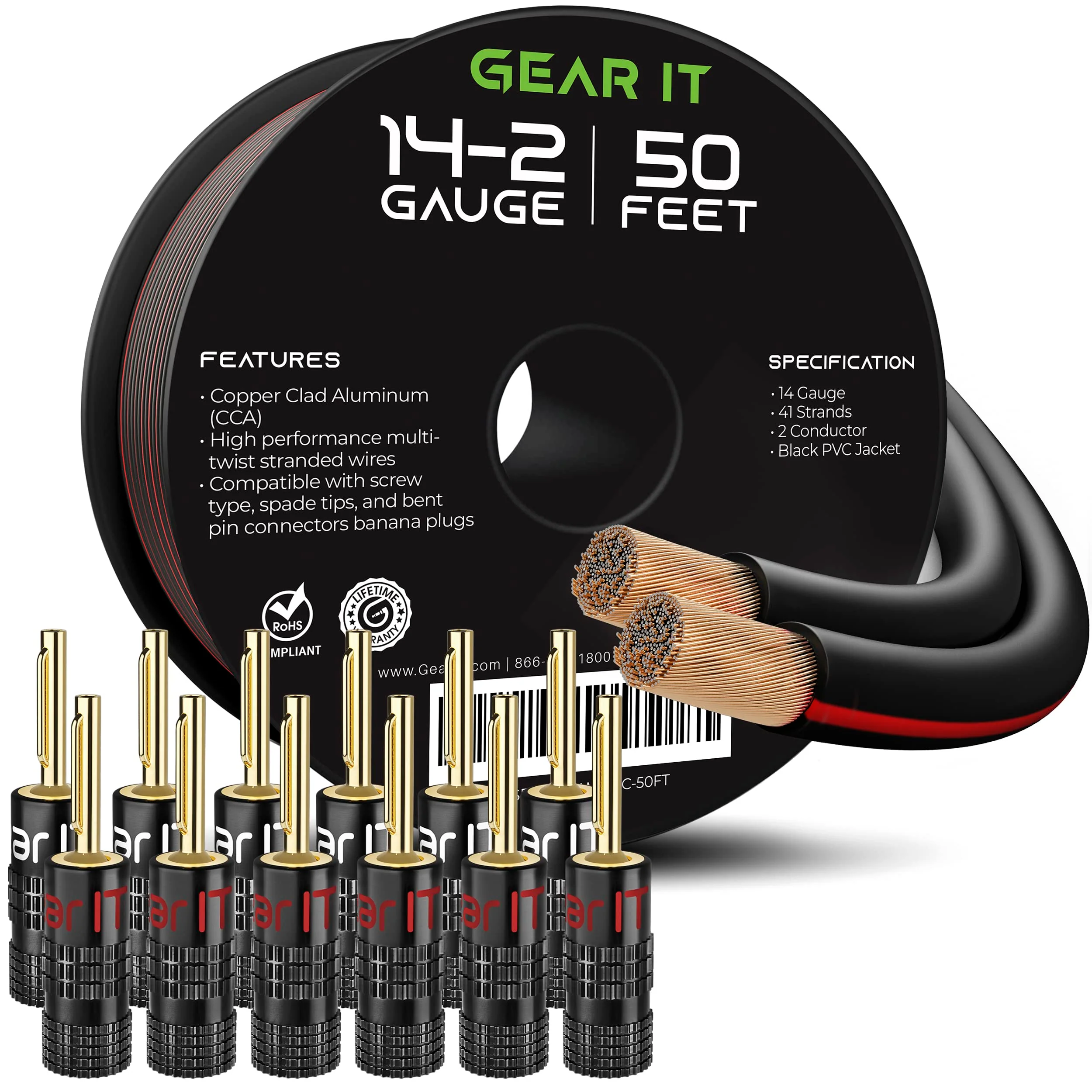 GearIT 14 Gauge Speaker Wire (50 Feet / 15.24 Meters) with Banana Plugs (6 Pairs, 12 Pieces) Pro Series 14 AWG Speaker Cable - Black 50 Feet + 12 Banana Plugs