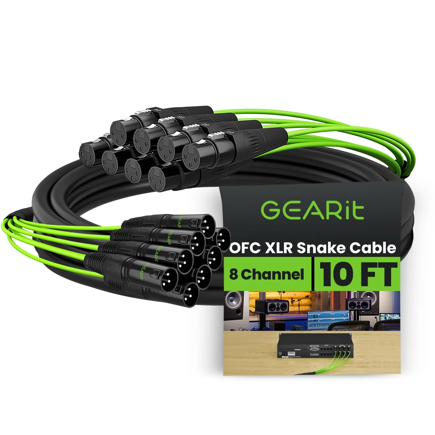 GEARit 8-Channel XLR Snake Cable (10 ft) - 100% Oxygen-Free Copper Snake Wire, Channel Labels, Metal XLR Connectors for Pro Audio - 10 Feet 8-Channel - 10 Feet Black
