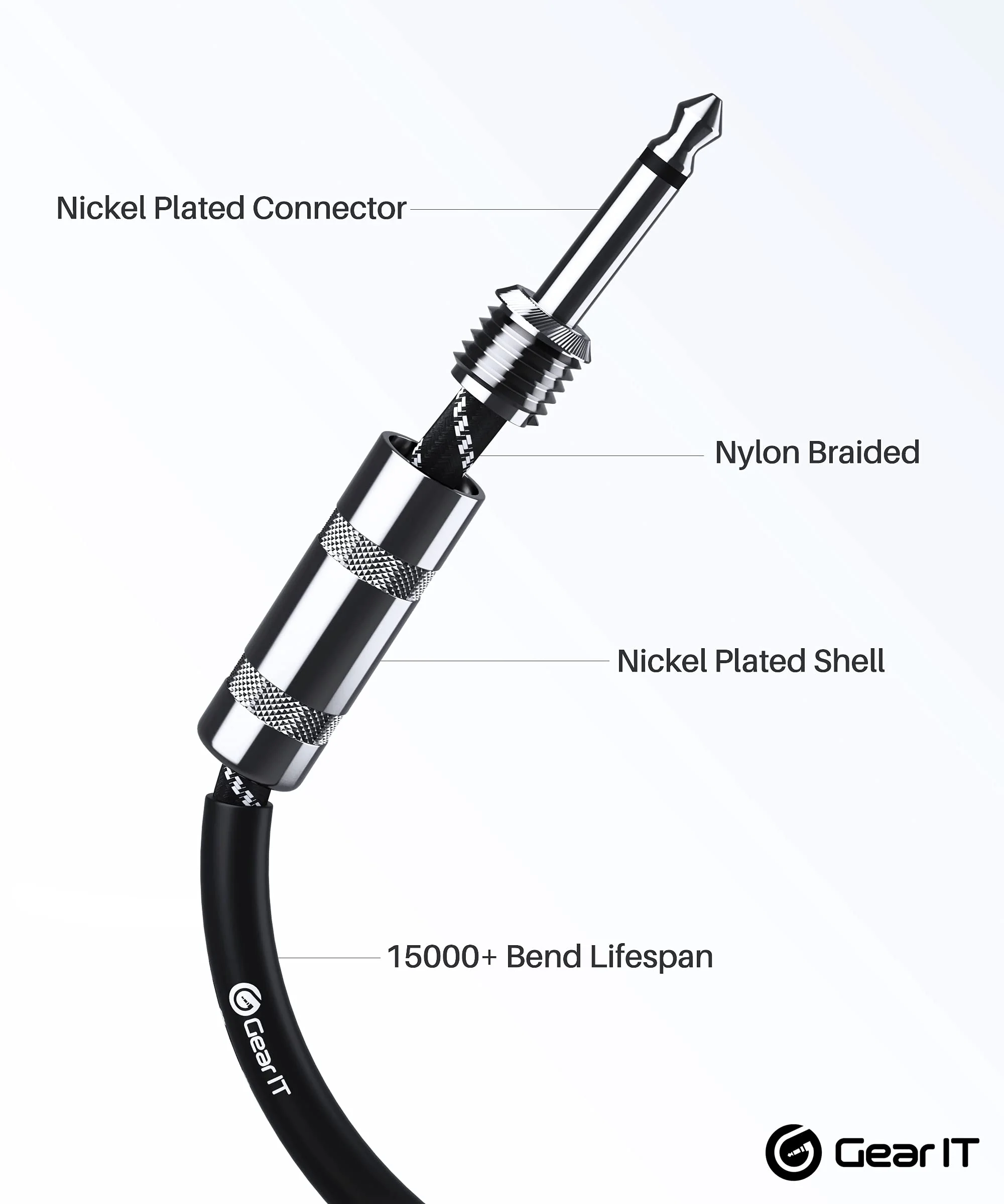 GearIT Audio Instrument Cable (15ft) 1/4 Inch to 1/4 inch Straight Male to Male for AMP Cord, Bass and Electric Guitar - Black/White 15 Feet - Image 3