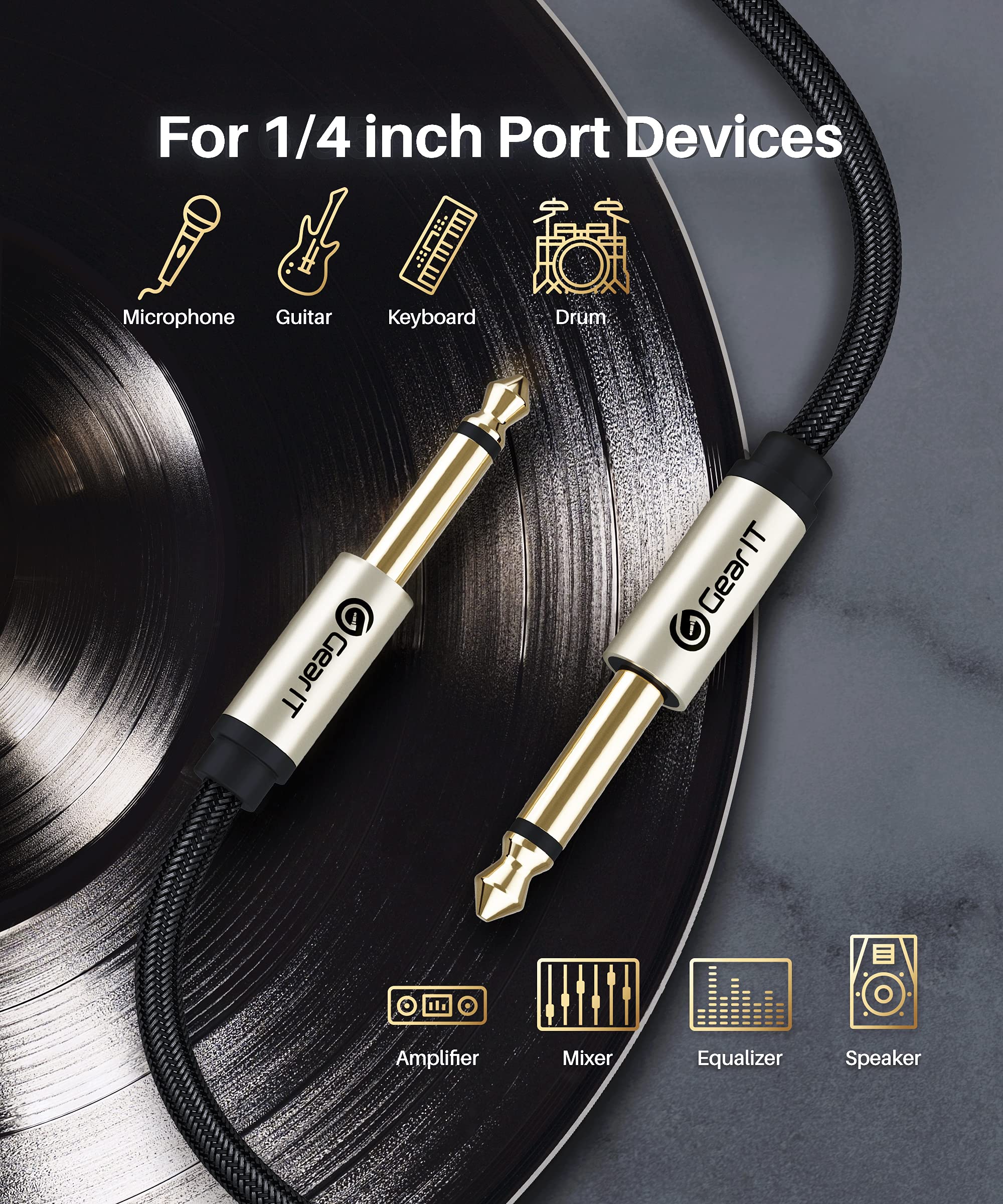 GearIT Guitar Instrument Cable (3ft 2-Pack) 1/4 Inch to 1/4 inch TS Straight Male to Male 6.35mm Mono Jack with Alloy Connector and Nylon Braid 3 Feet (2-Pack) Black - Image 5