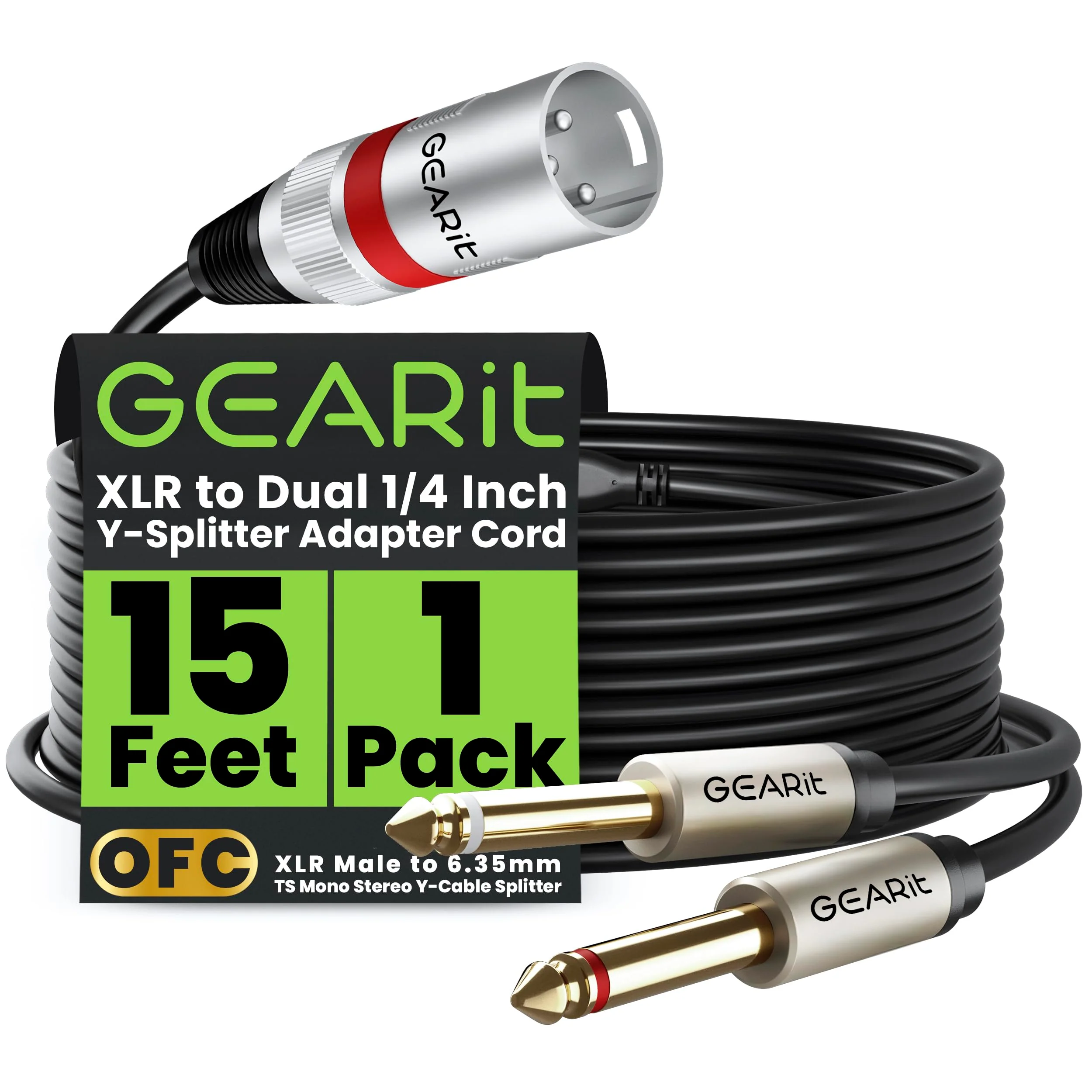 GEARit XLR Male to Dual 1/4 inch Cable (15ft) Y-Cable Splitter Adapter Cord TS Mono Stereo, Compatible with Guitar, Bass, Instruments, Mixer, Amps, Speakers, Audio Recording, PC, 15 Feet Black