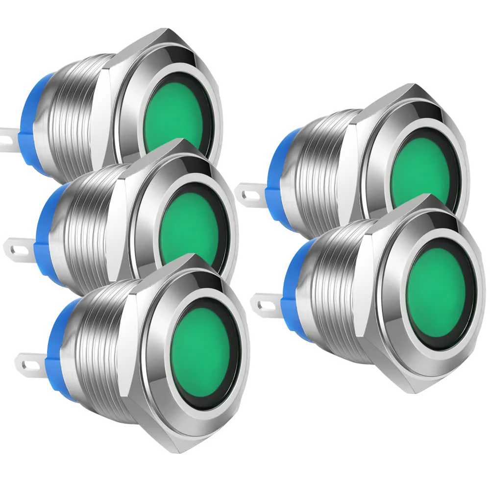 Gebildet 5pcs 16 mm AC/DC 12-24V Nickel-Plated Copper Waterproof Soldering Type LED Indicator Light (Green) Green