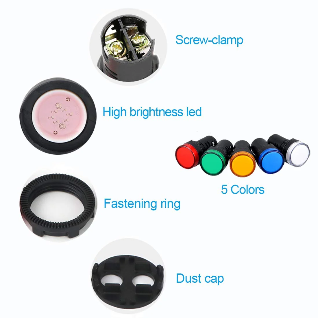 Gebildet Pack of 10 16 mm Indicator Light 220-380 VAC LED Flush Panel Mount (Red/Green/Blue/Orange/White, Each Colour 2 Pieces) - Image 4