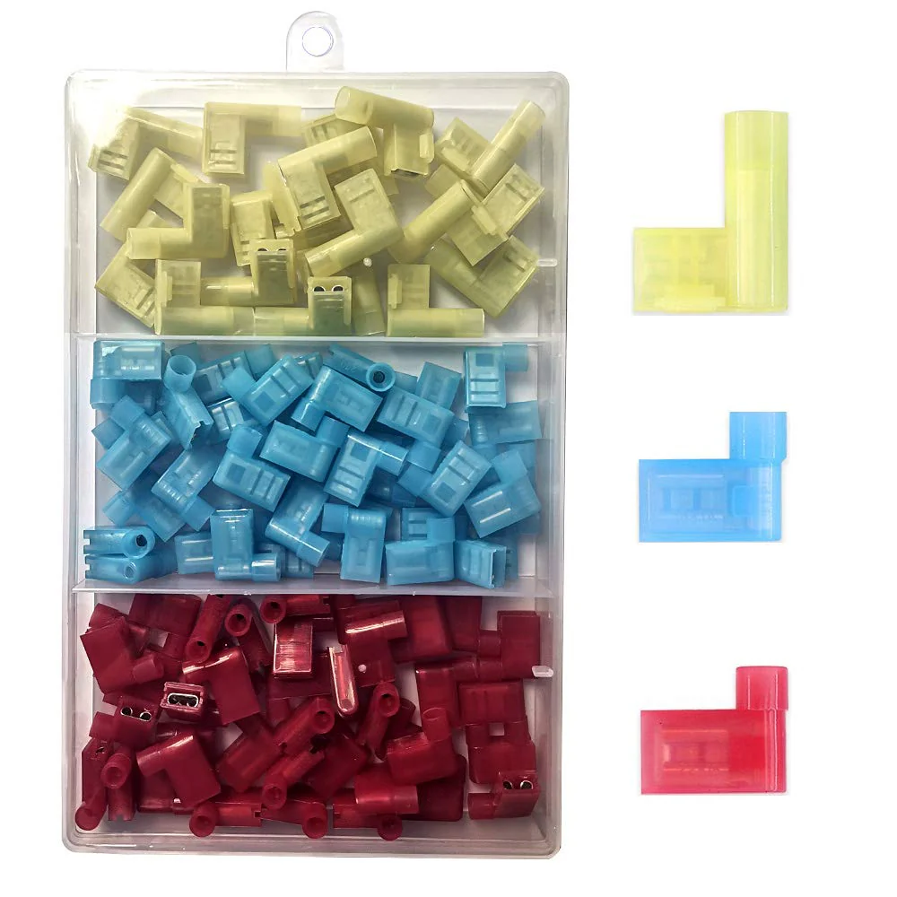Gebildet Pack of 100 90 Degree Nylon Insulated Connectors, Fully Insulated Flag Female Quick Connectors, Flag Spade Crimp Connection Terminals Female 12-10 AWG/ 22-14 AWG (Red 40, Blue 40, Yellow 20) L Male