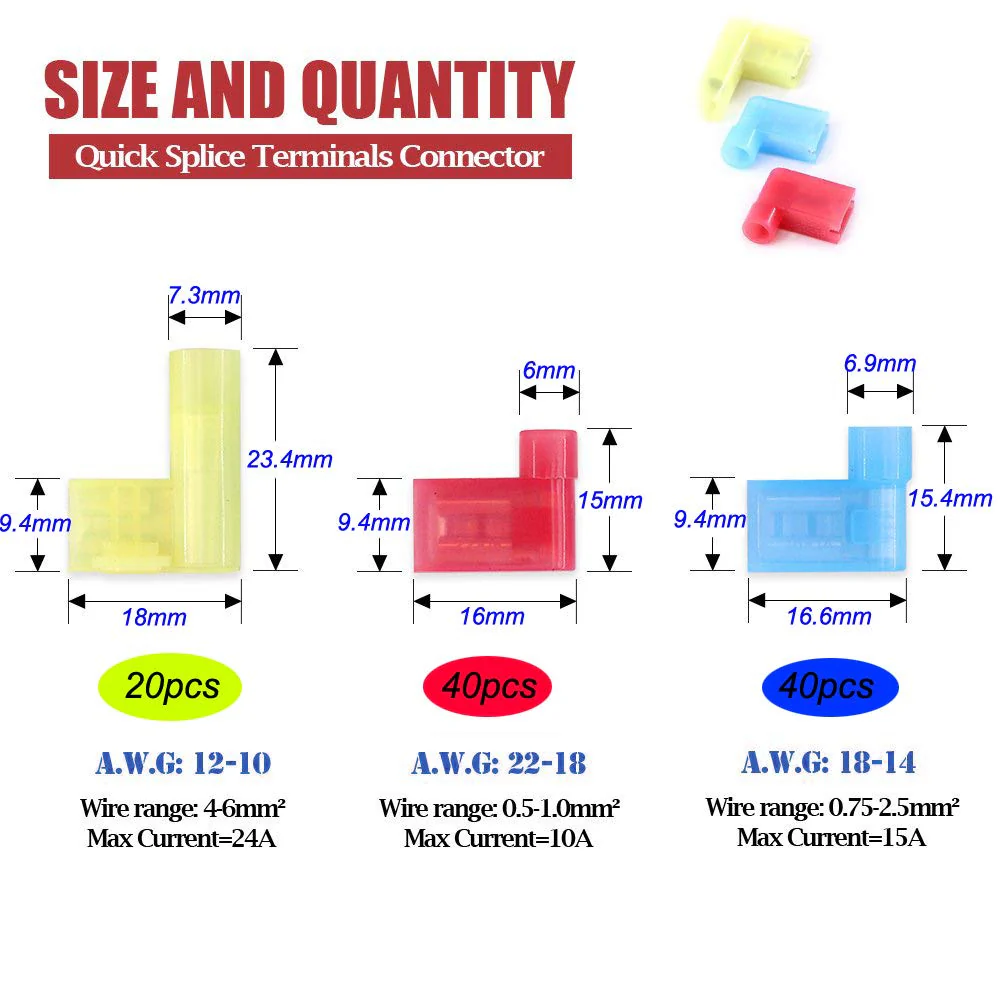 Gebildet Pack of 100 90 Degree Nylon Insulated Connectors, Fully Insulated Flag Female Quick Connectors, Flag Spade Crimp Connection Terminals Female 12-10 AWG/ 22-14 AWG (Red 40, Blue 40, Yellow 20) L Male - Image 3