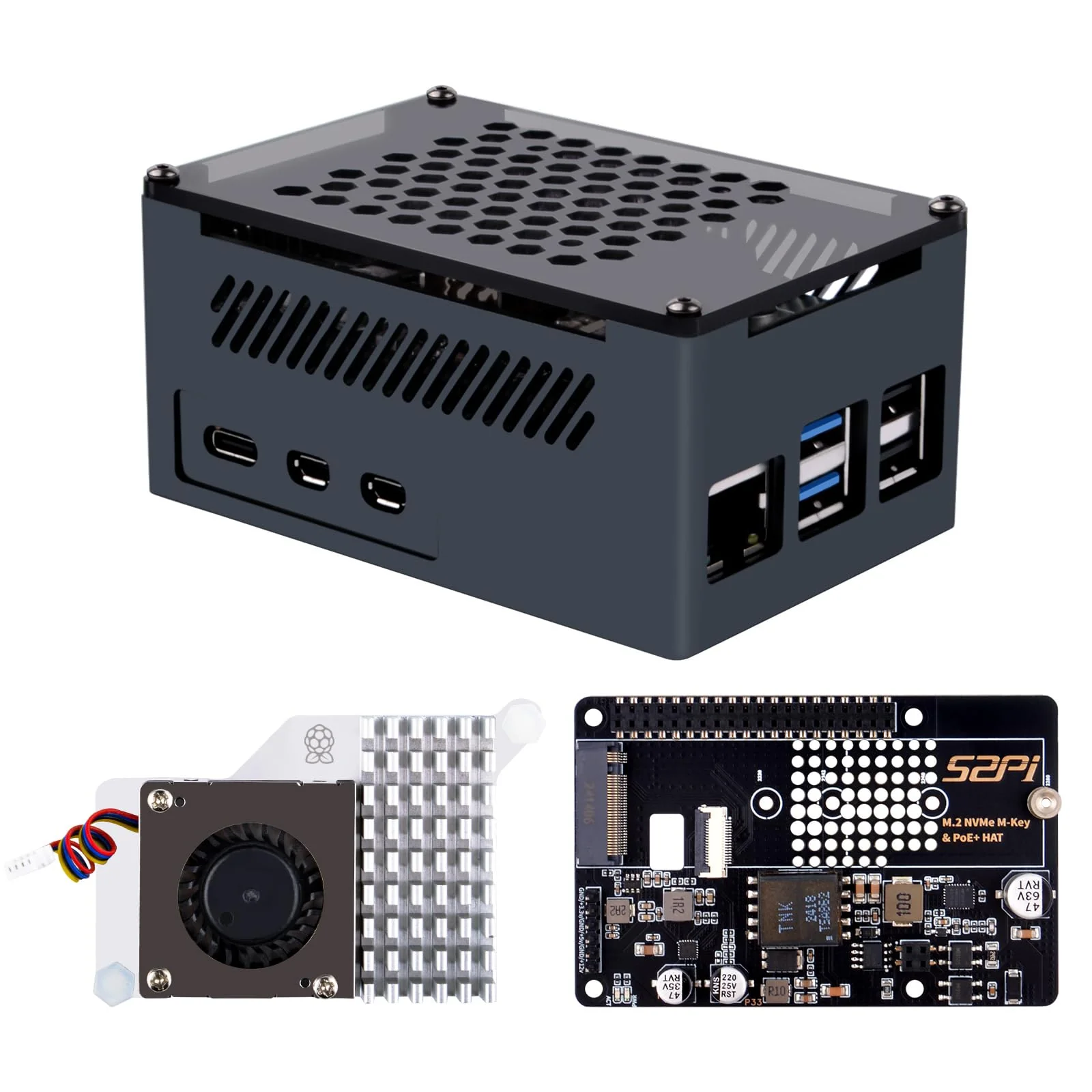 GeeekPi P33 M.2 NVME M-Key PoE+ Hat with Official Pi 5 Active Cooler and Aluminum Case for Raspberry Pi 5, Support M.2 NVMe SSDs 2230/2242/2260/2280